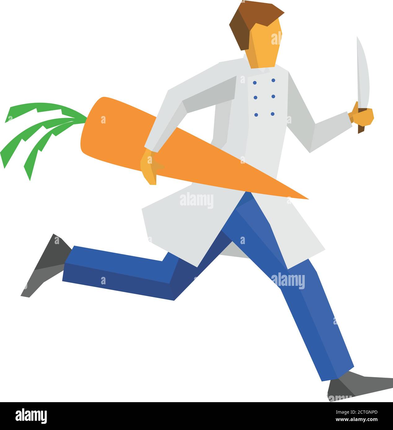 Chef runs with a knife and a giant carrot in hands. Cooking or food concept. Simple flat style vector clip art. Stock Vector