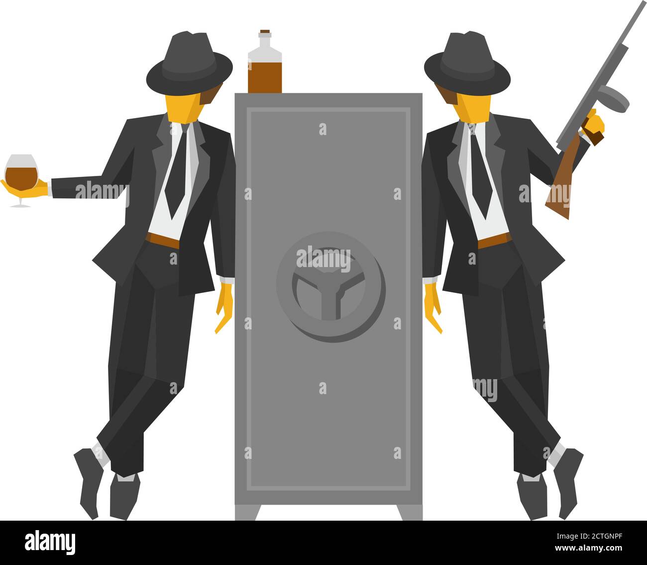 Two gangsters in suits standing near the safe. Two vintage mafia men with whiskey, tommy gun and closed strongbox. Flat vector clip art on white backg Stock Vector