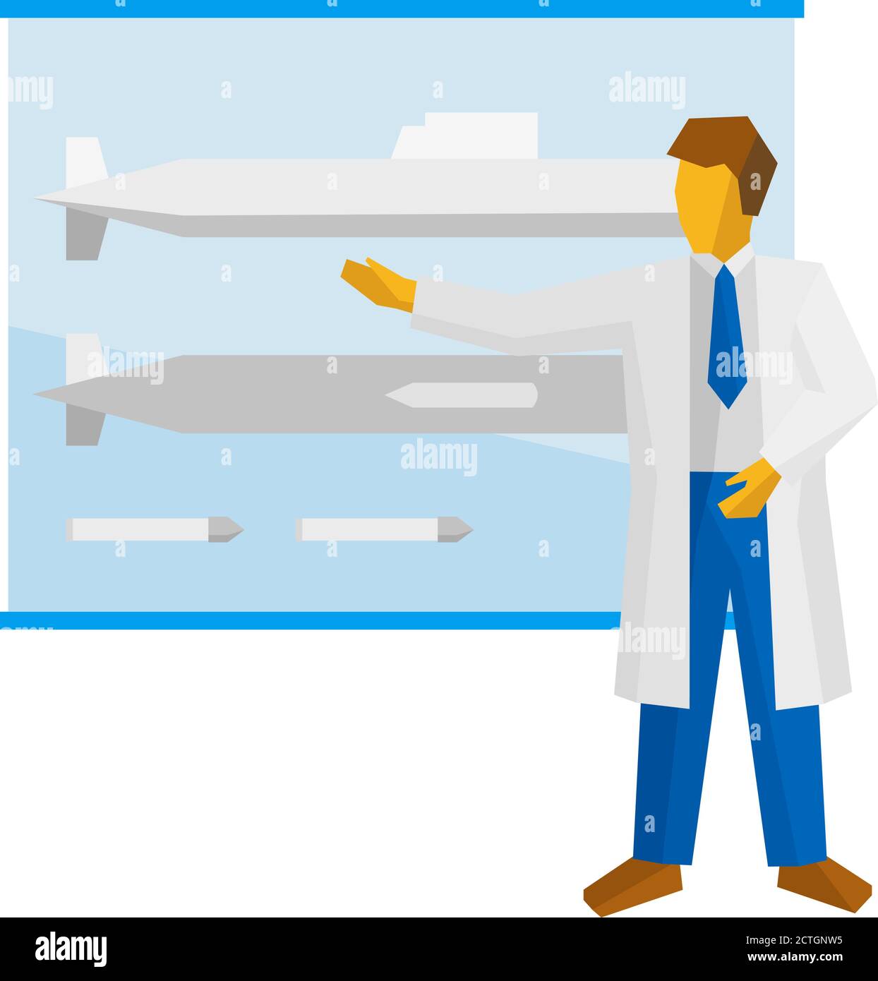 The scientist in white coat shows a poster with a submarine. Specialist talks about a military project. Vector image clip art. Stock Vector