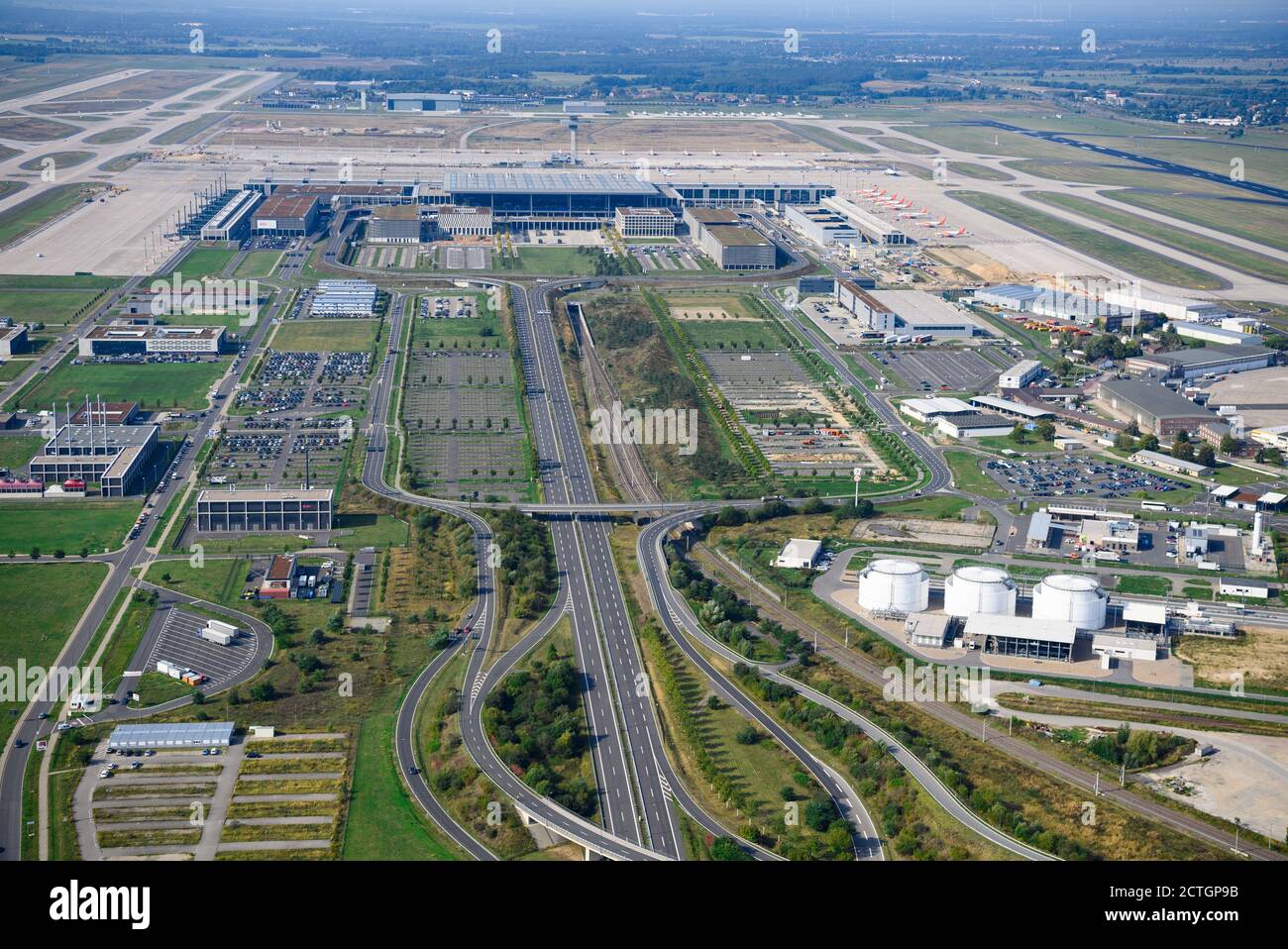 15 September 2020, Brandenburg, Schönefeld: Aerial view of the future airport Berlin Brandenburg 'Willy Brandt'. After a short transitional period, the capital city airport is to replace the current airports Tegel and Schönefeld. Photo: Soeren Stache/dpa-Zentralbild/ZB Stock Photo