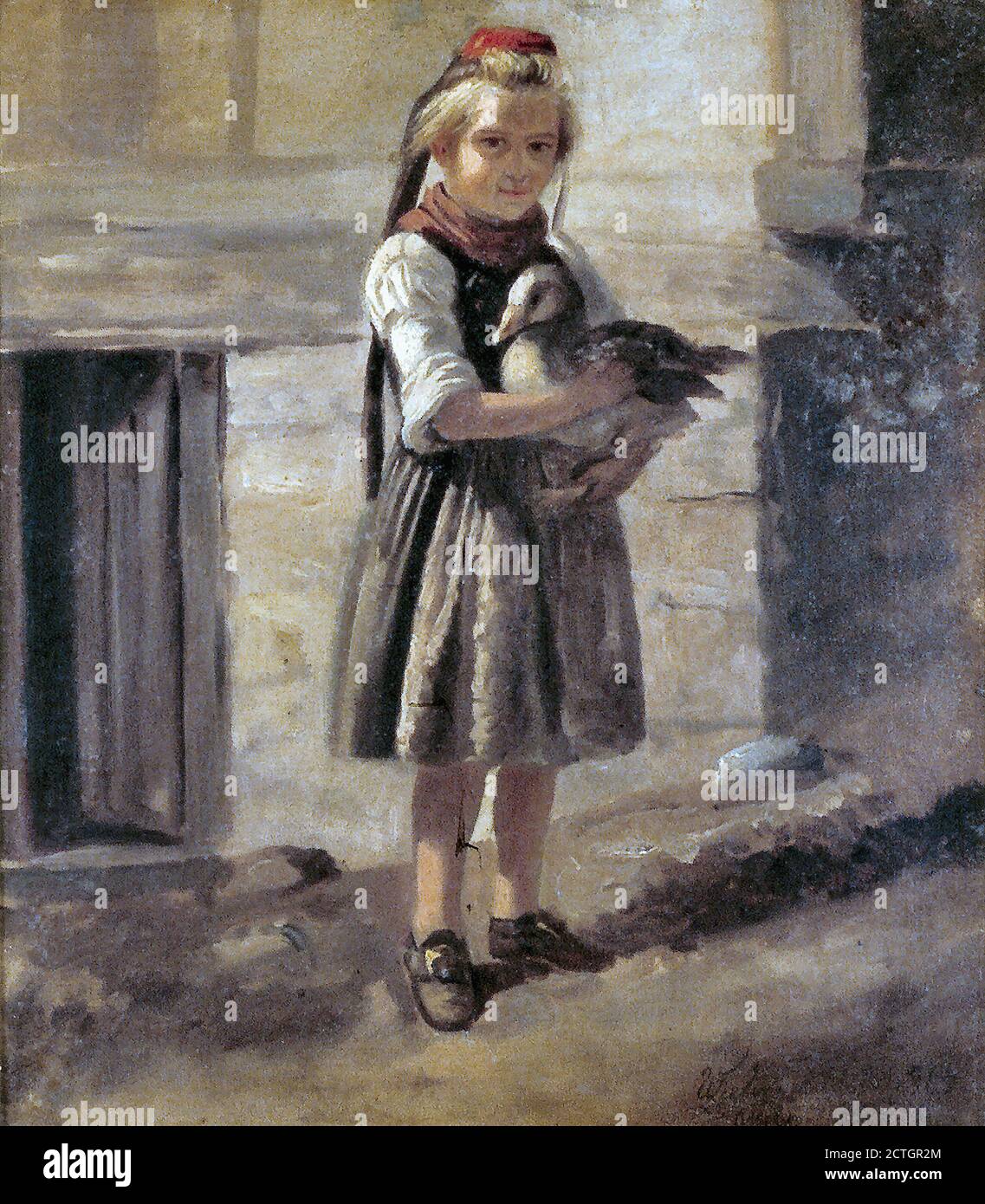 Allebe August - Meisje Met Eend - Dutch School - 19th  Century Stock Photo