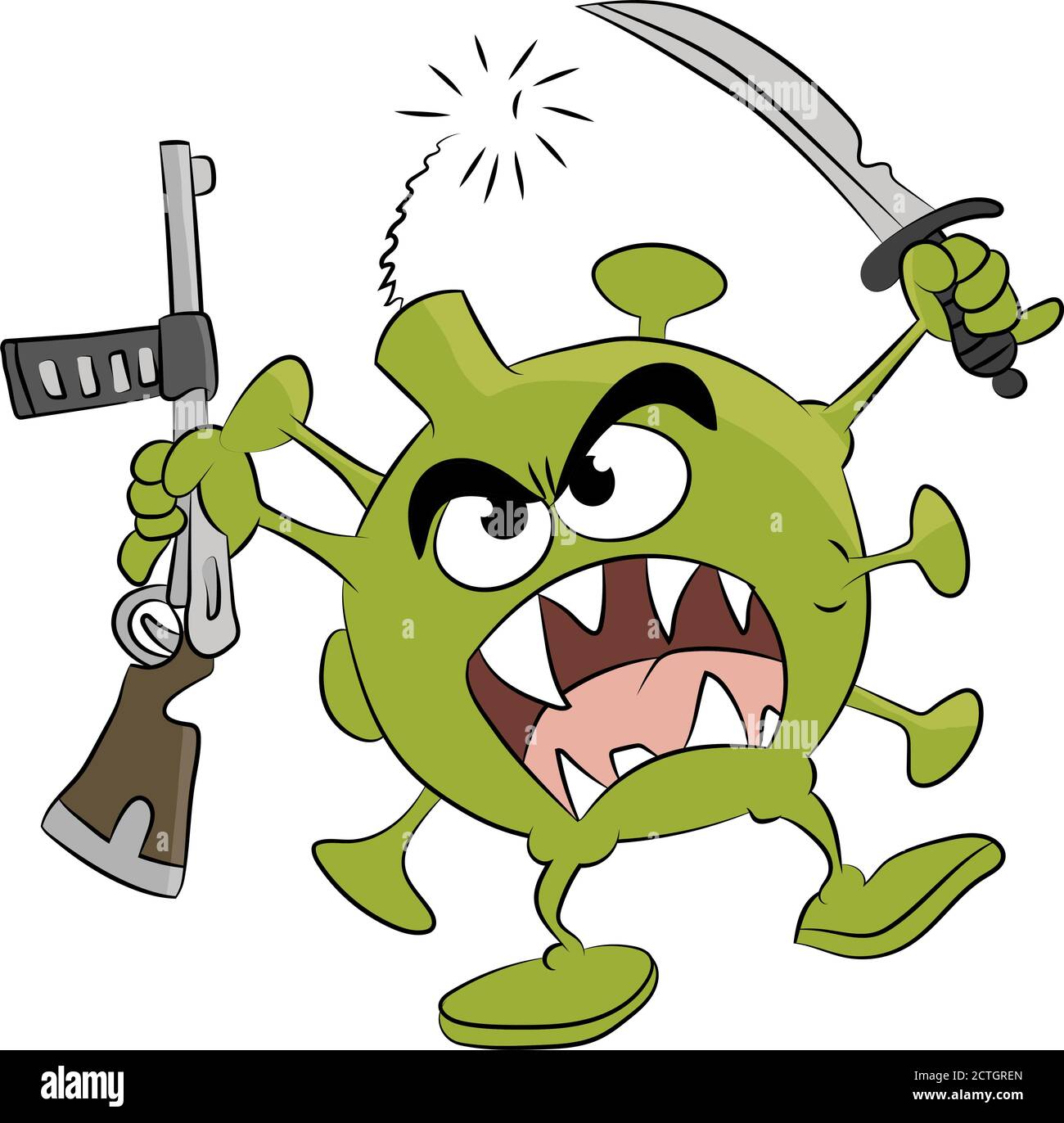 Dangerous and infectious corona virus carrying a rifle and a knife cartoon vector illustration Stock Vector