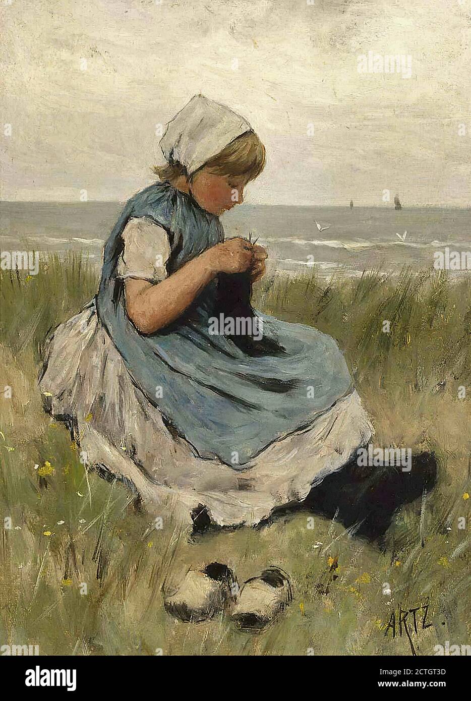 Artz David Adolph Constant - a Girl Knitting in the Dunes - Dutch ...