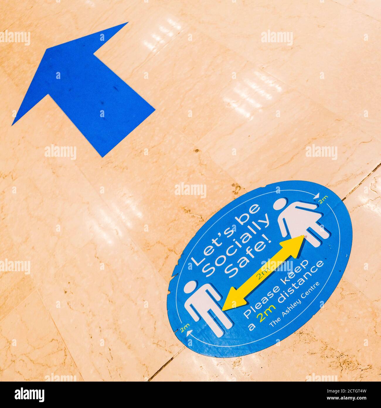 COVID-19 Public Social Distancing Safety Floor Markers With No People Stock Photo