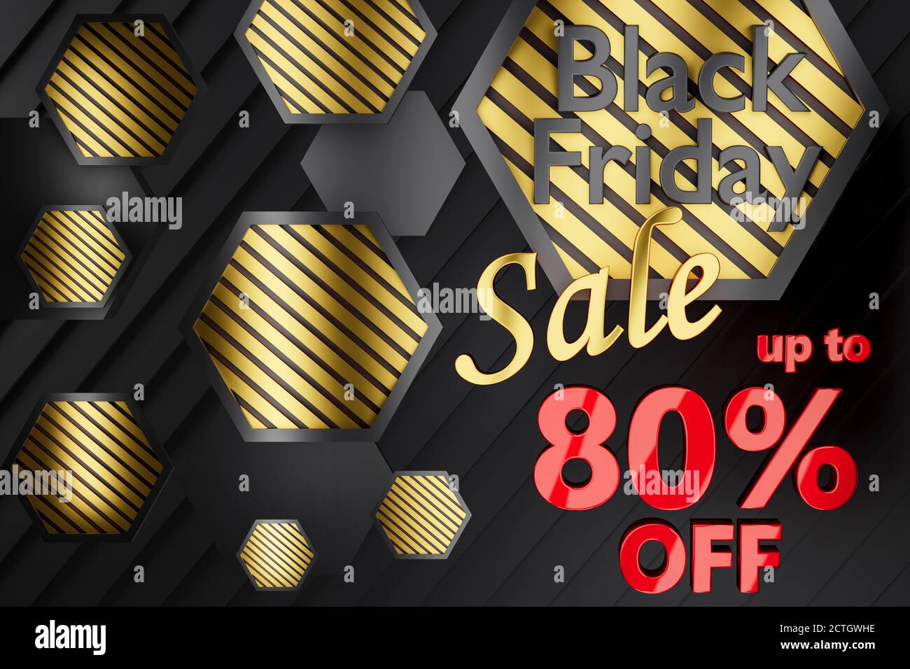 3D black friday sale background image in striking black gold and red design with up to 80% percent off text Stock Photo