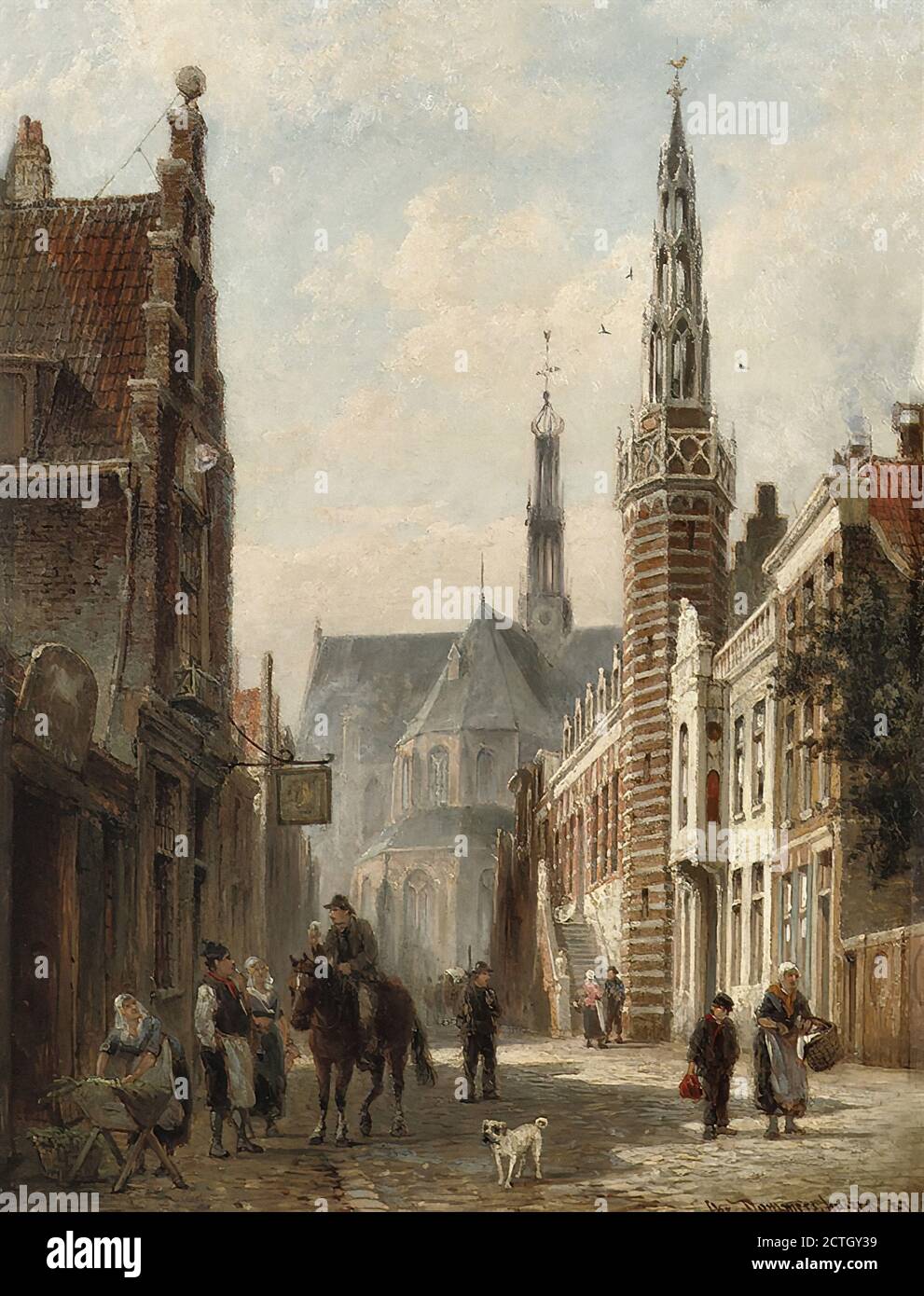 Dommersen Cornelis Christiaan - the Langestraat with the Townhall and the St Laurens Church Alkmaar - Dutch School - 19th  Century Stock Photo