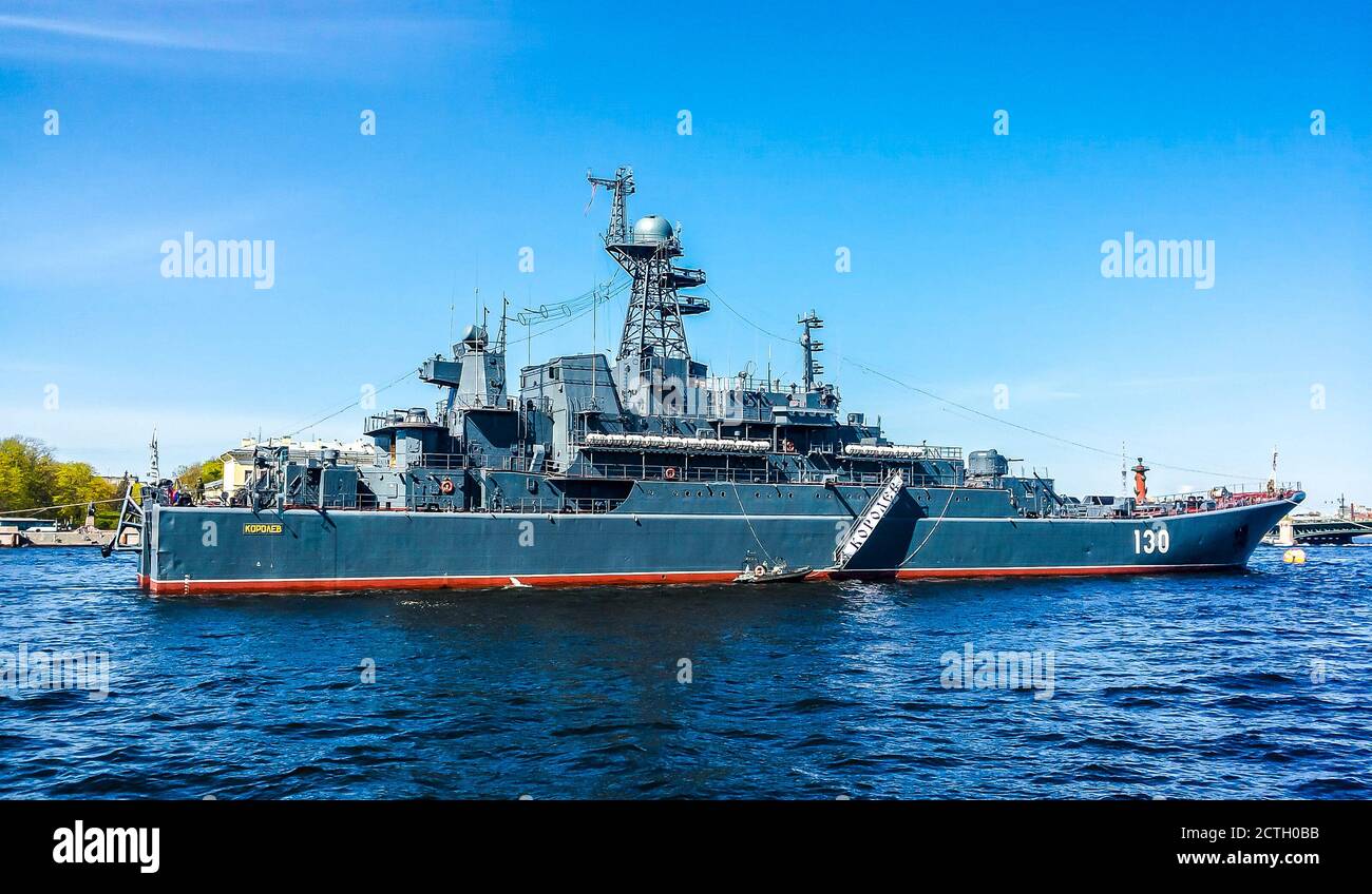 Large landing ship 'Korolev' on the water parade in honor of Victory Day. St. Petersburg, Russia. Stock Photo