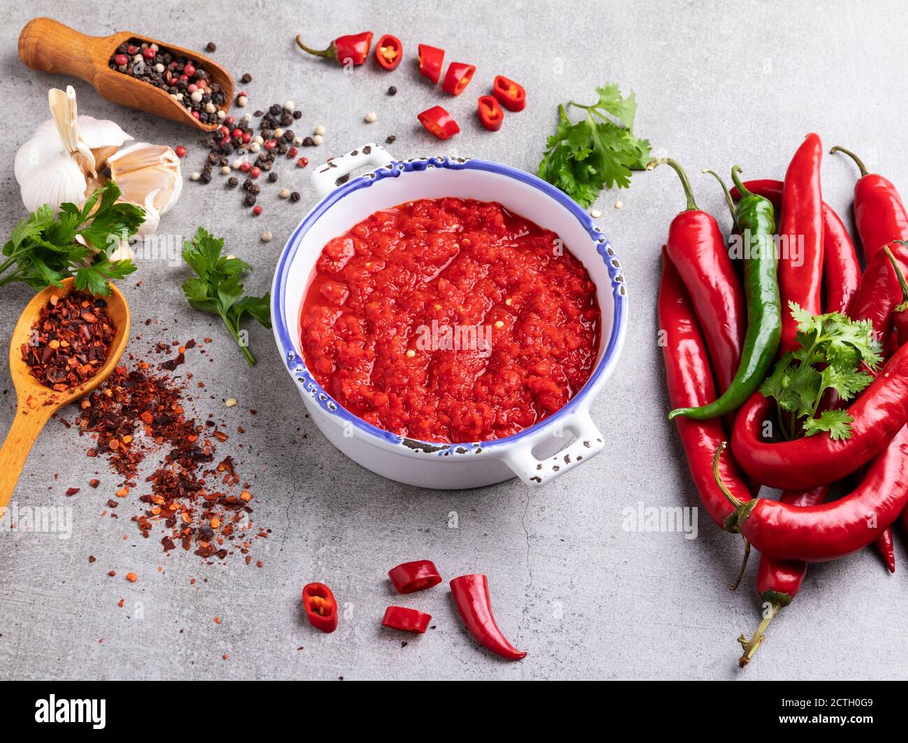 red hot sauce pepper, ingredients, spices Stock Photo