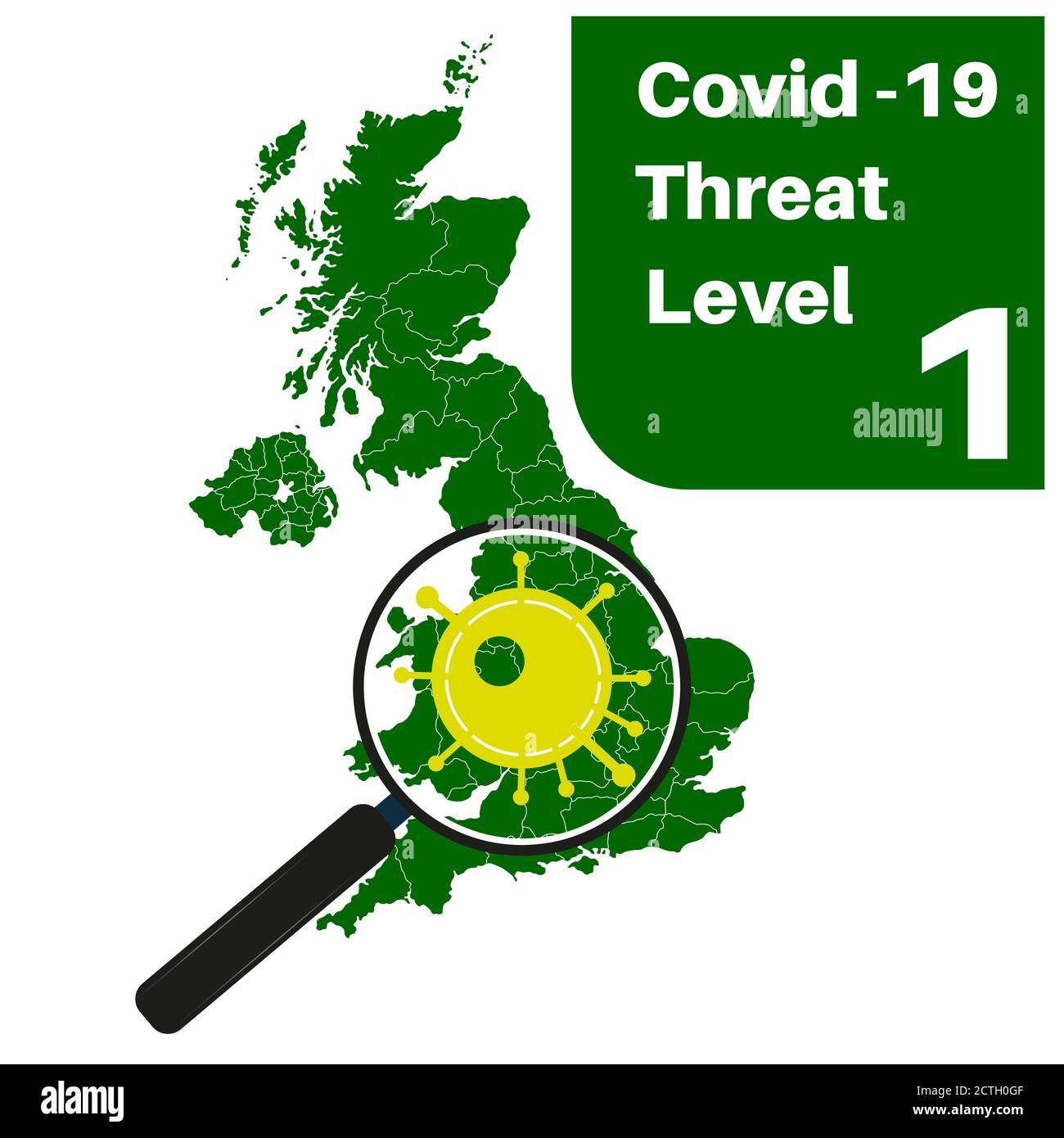 Covid-19 UK Threat Level 1 (Green) with map and magnifying glass Stock Vector