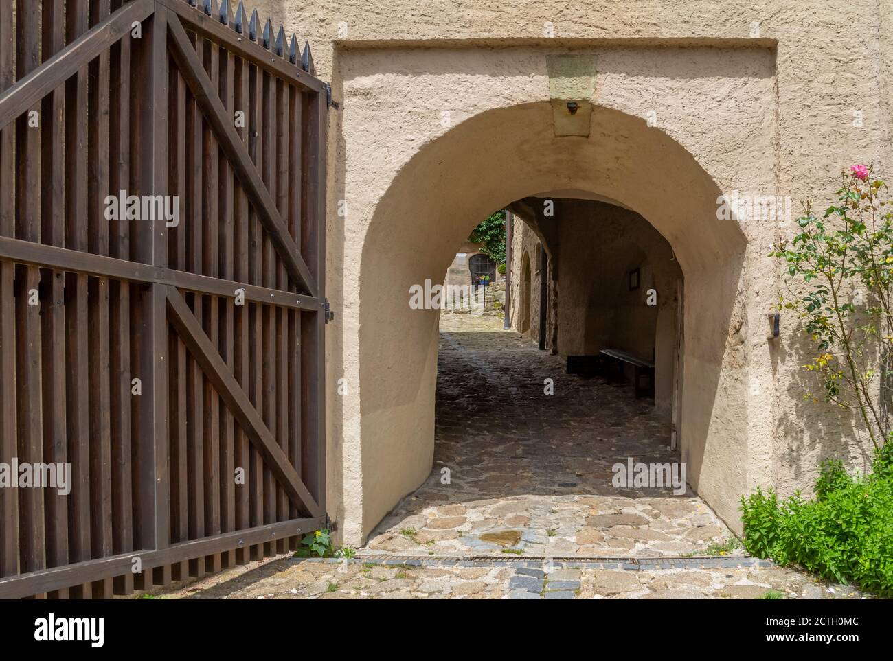 open gate at Falkenstein Castle in Bavaria at summer time Stock Photo