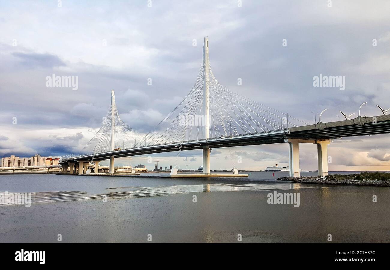 View of the Western High Speed Diameter Bridge. The Krestovsky Island. Saint Petersburg, Russia. Stock Photo