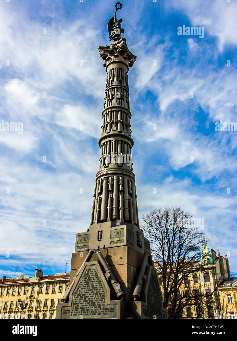 Column of Glory in front of Holy Trinity Cathedral. Russo-Turkish War memorial column. St. Petersburg, Russia Stock Photo