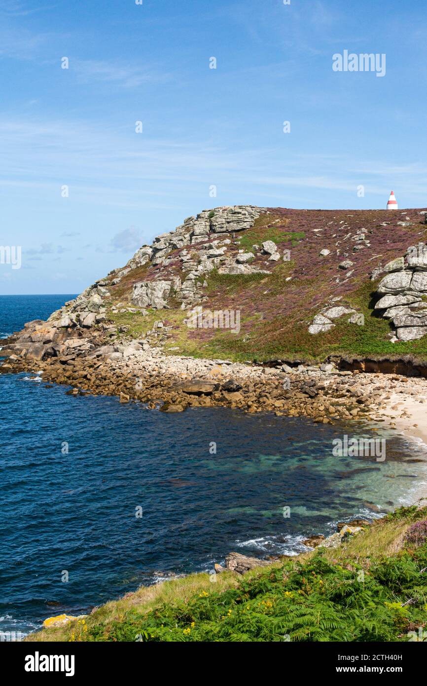 Bread and Cheese Cove below the Daymark on the island of St Martin's in the Isles of Scilly, Stock Photo