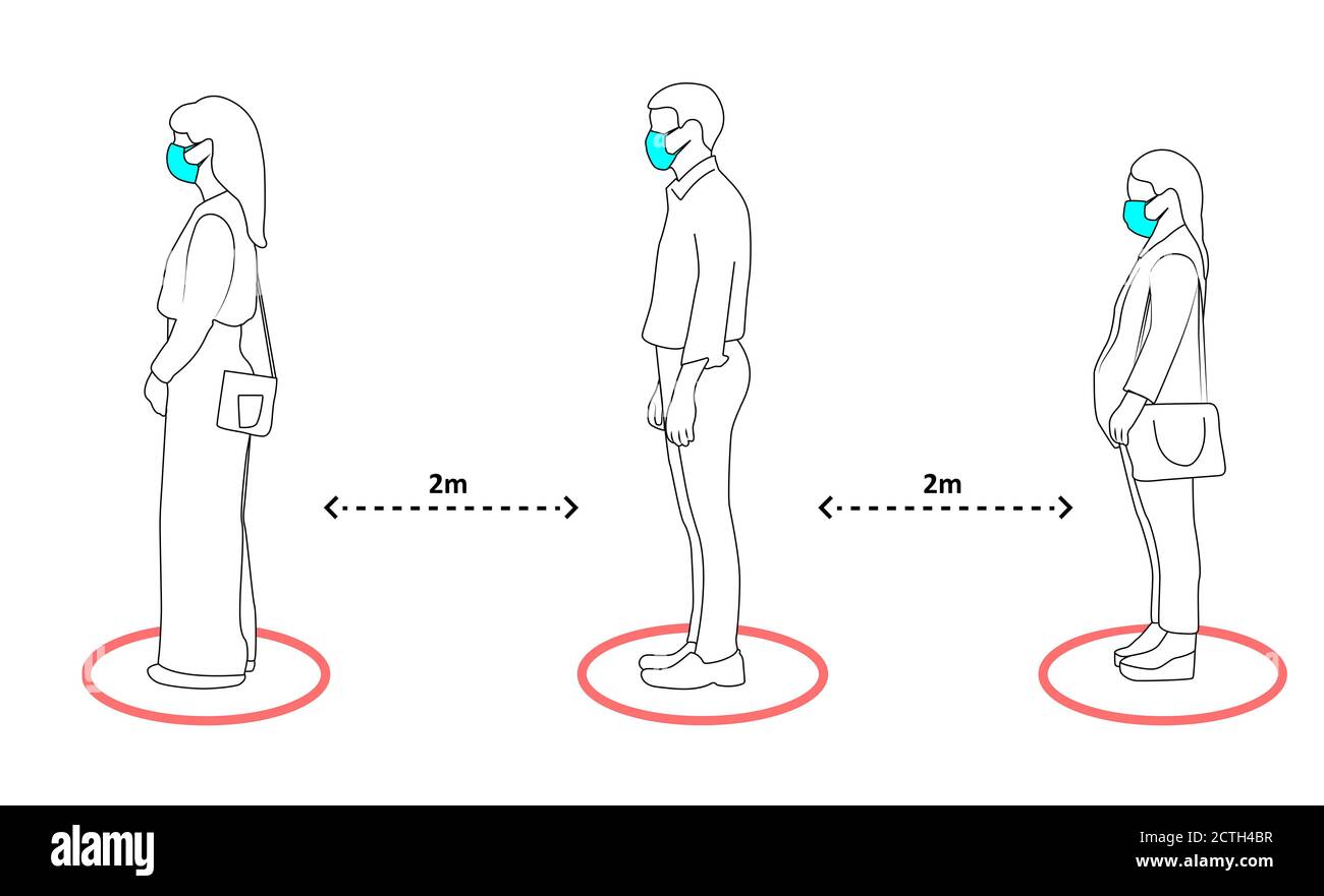 People maintaining social distance. People to protect from COVID-19 coronavirus outbreak spreading concept illustration. Outline Illustration. Stock Photo