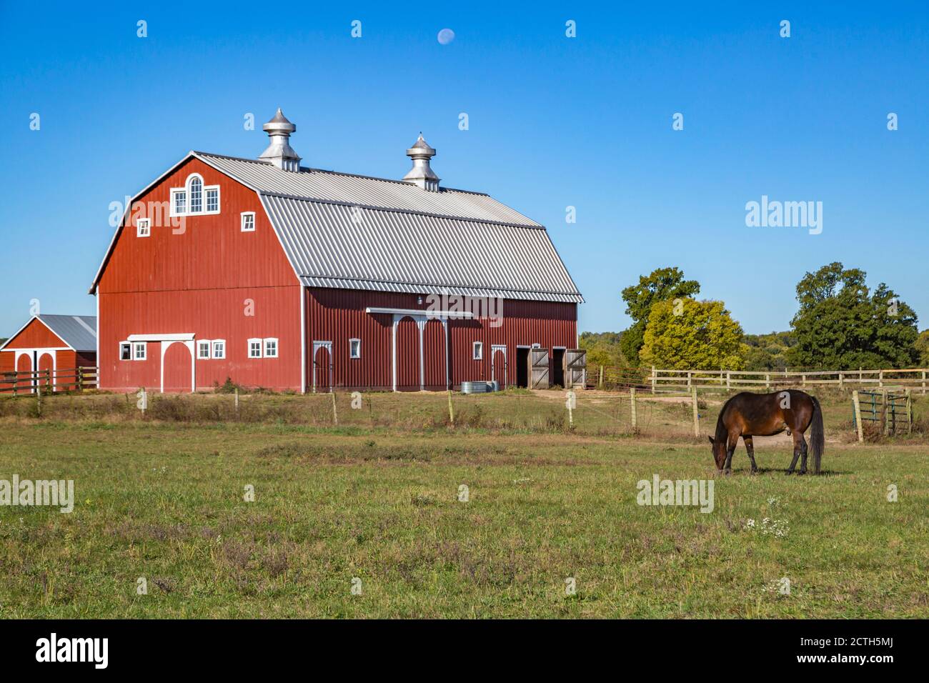 Barn and horses at Prophetstown State Park living history museum