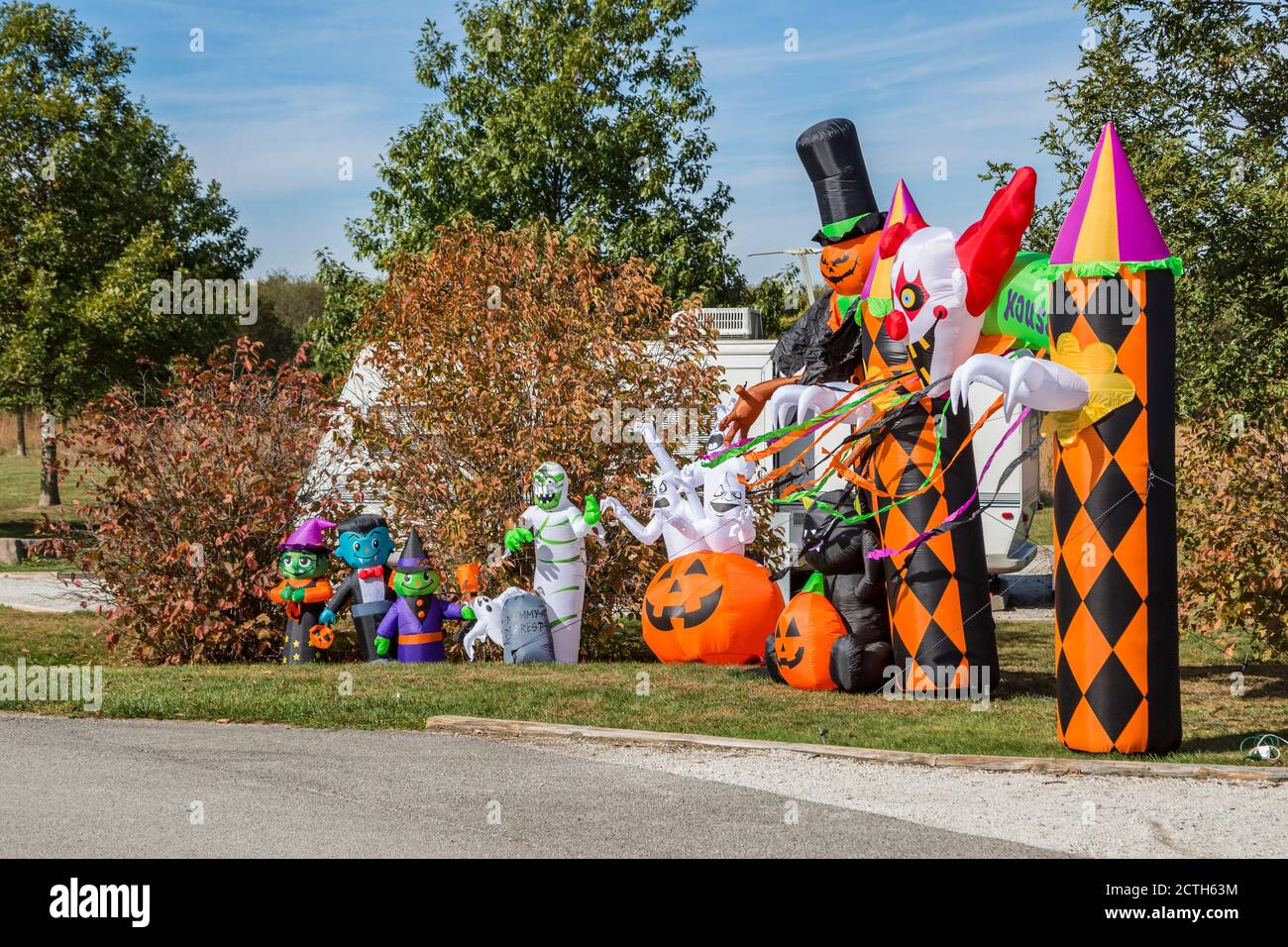Halloween decorations at campsites in Prophetstown State Park living