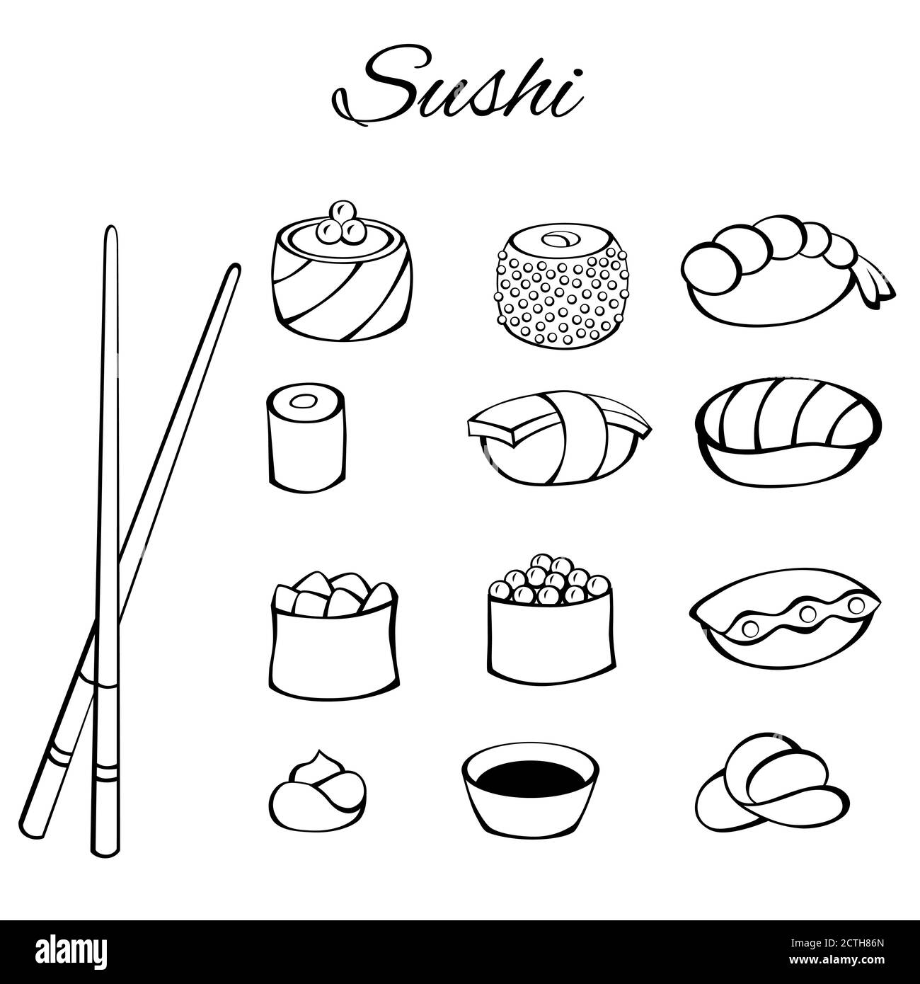 Sushi food set black white isolated illustration vector Stock Vector