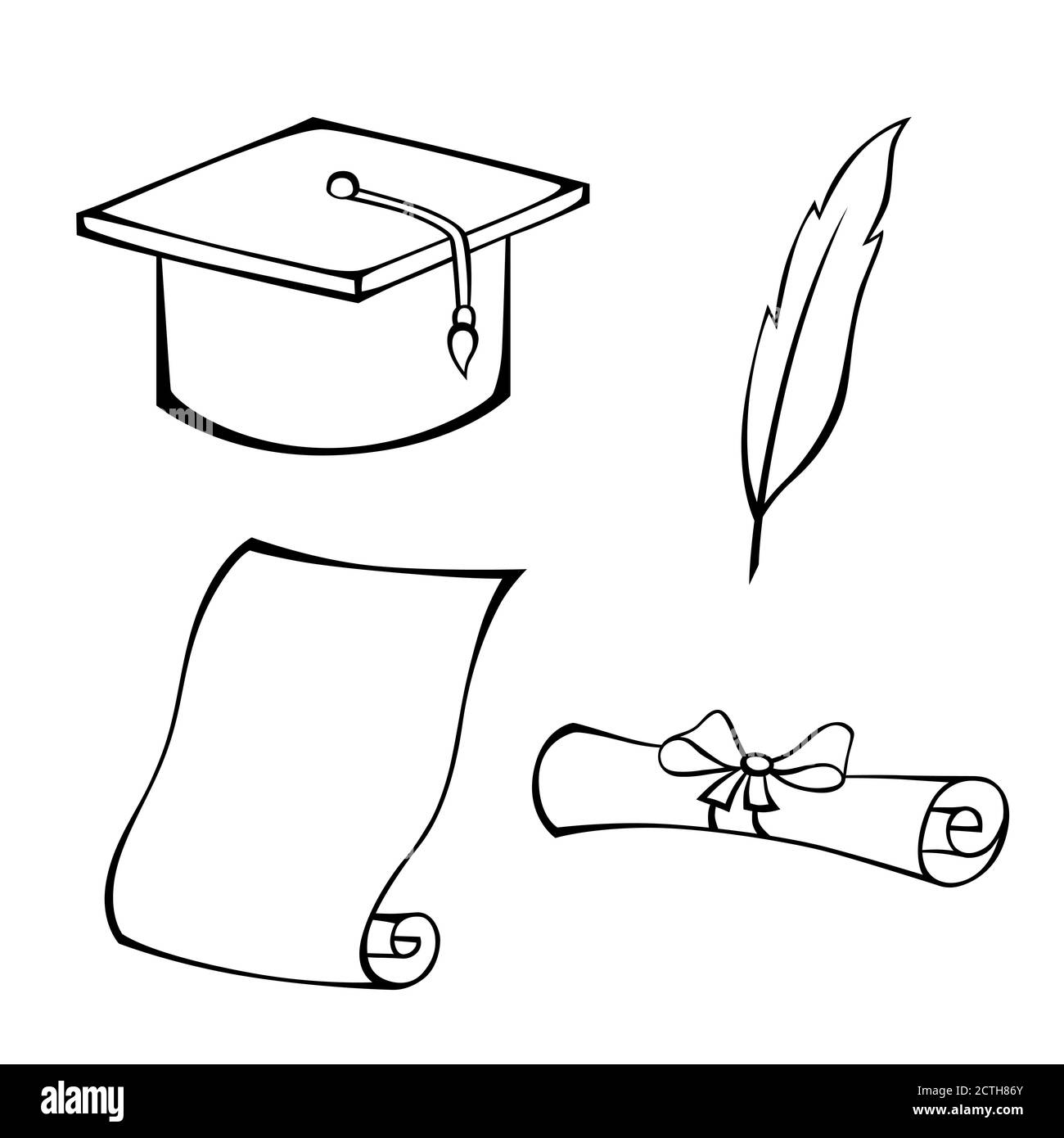 Education hat diploma feather black white isolated object illustration vector Stock Vector