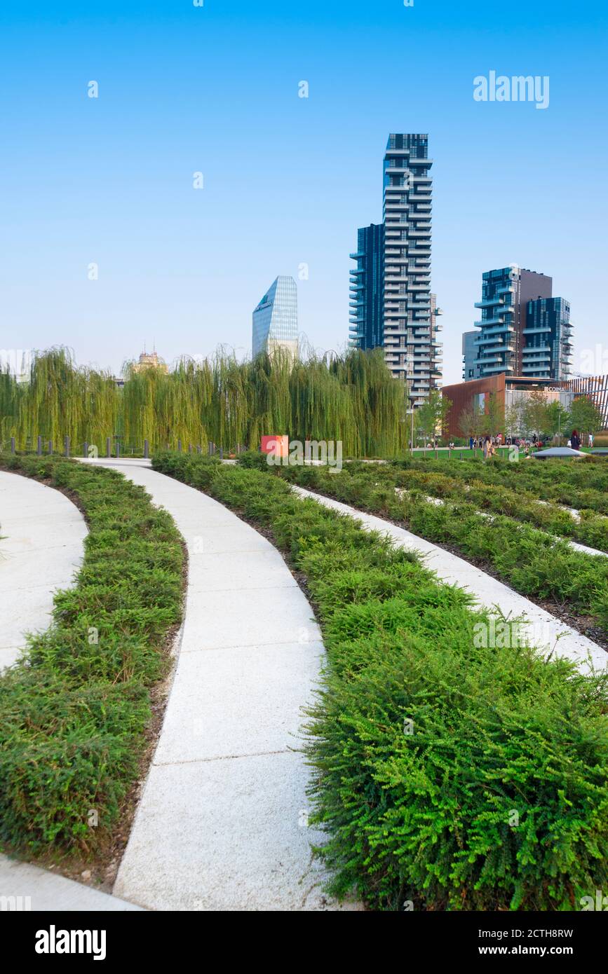 Italy, Lombardy, Milan, Biblioteca degli Alberi, Library of Trees, Paths of Plants and Concrete Stock Photo