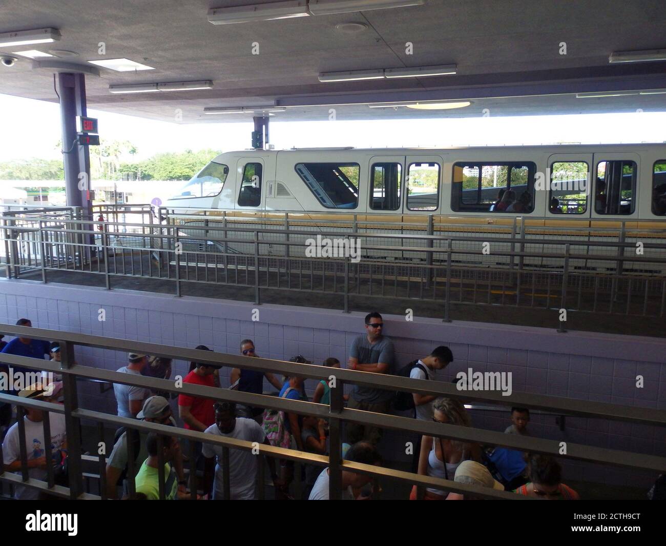 A monorail train stopped at a station in Epcot, Walt Disney World, Orlando, Florida, USA Stock Photo