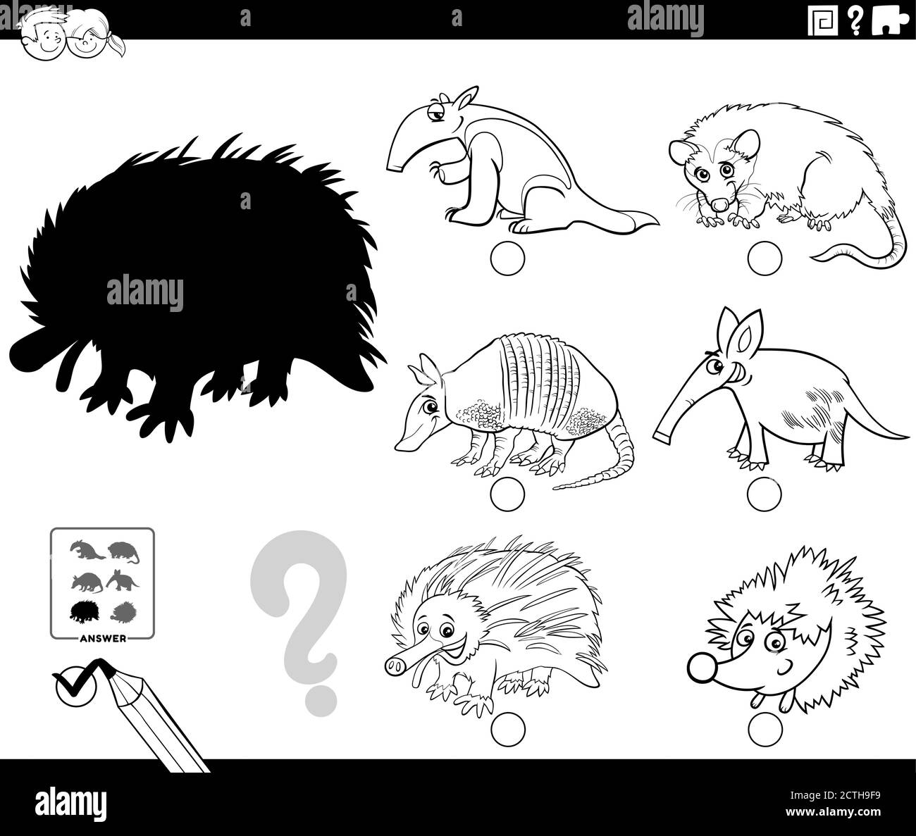 Black and White Cartoon Illustration of Finding the Right Picture to the Shadow Educational Task for Children with Wild Animal Characters Coloring Boo Stock Vector