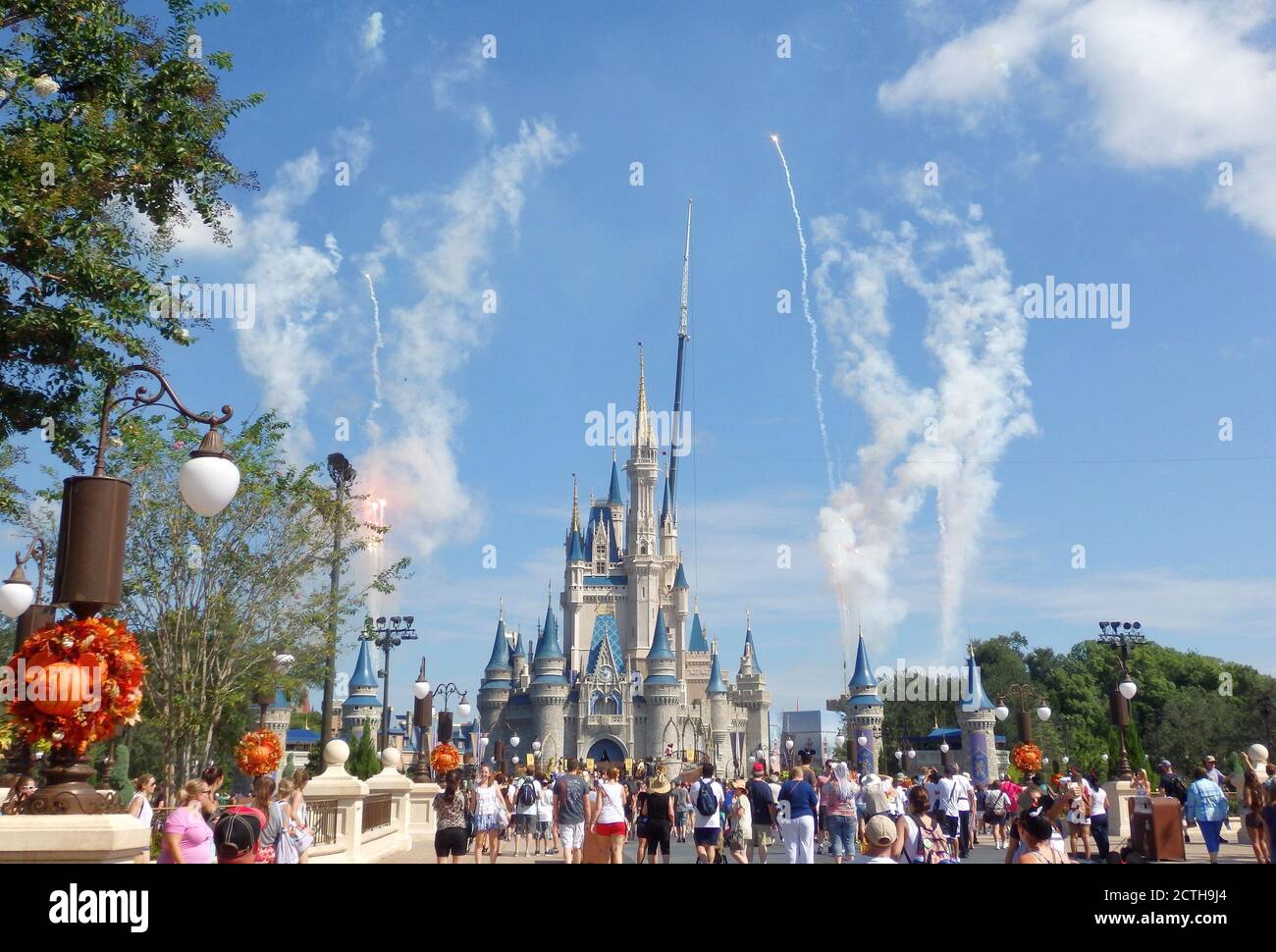 Cinderella Castle and daytime fireworks, Walt Disney World, Orlando, Florida, United States Stock Photo