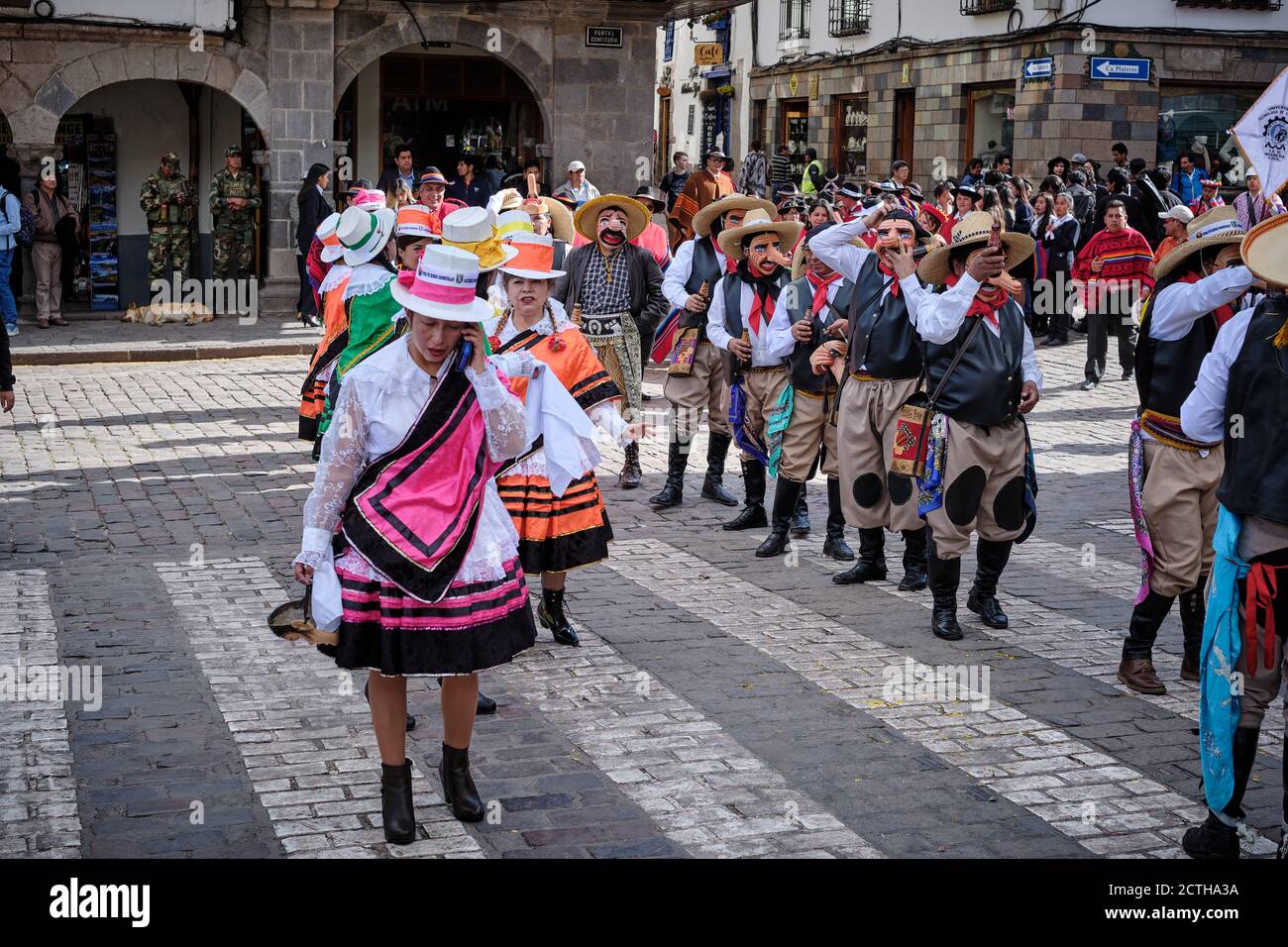 Men and women in costume, waiting to join the parade during the Inti Raymi'rata sun festival over the winter solstice, Cusco, Peru Stock Photo