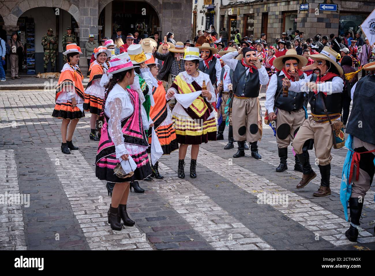 Men and women in costume, waiting to join their procession during the Inti Raymi'rata sun festival over the winter solstice, Cusco, Peru Stock Photo