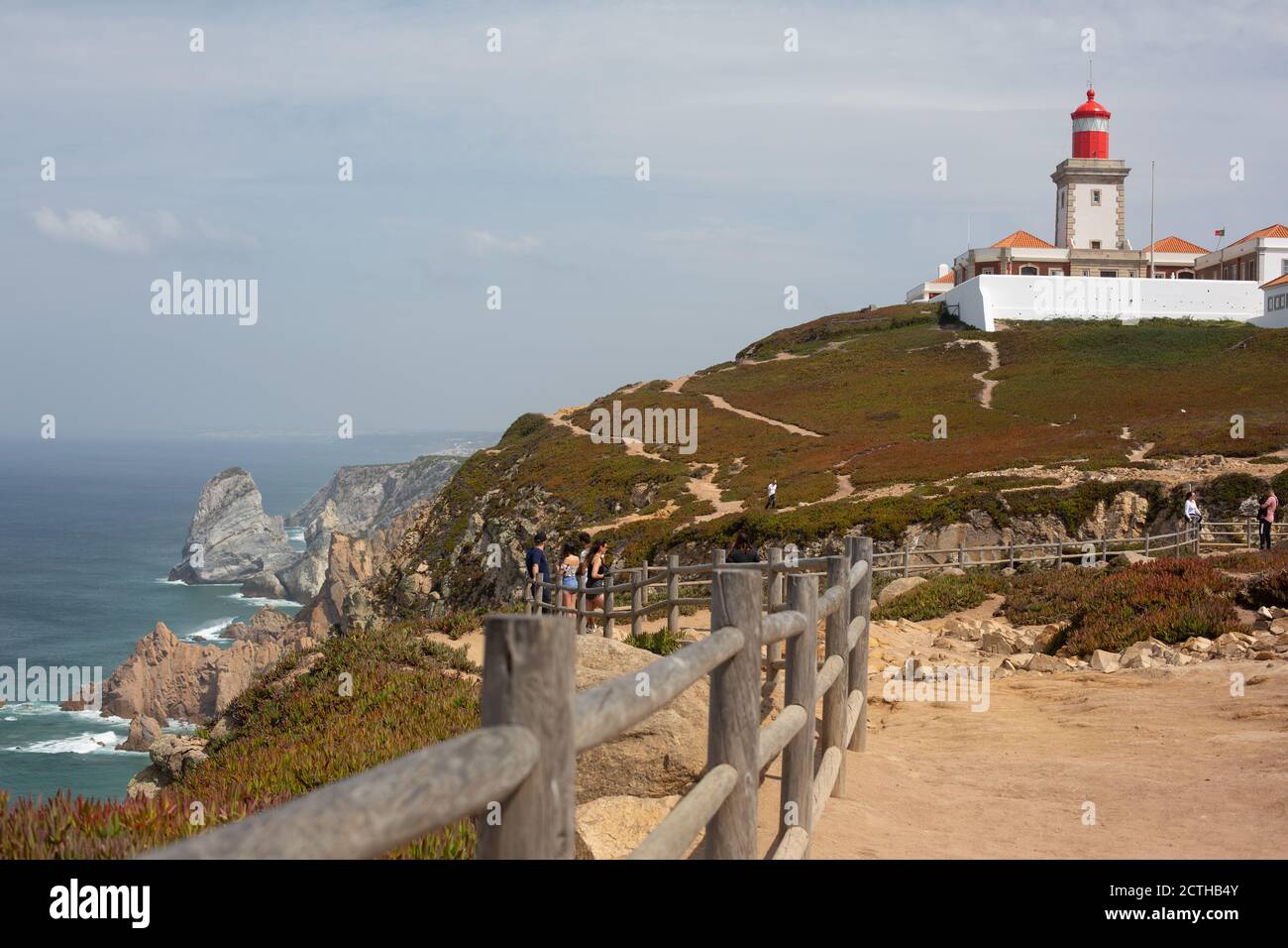 Cabo da Roca, Portugal. - September 11, 2020:  Famous point of interest, the westernmost of the European continent. One of the most famous lighthouses Stock Photo