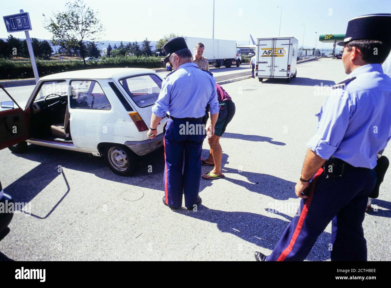 French Customs Officers drug control inspection on A7 motorway, Rhone Valley, France Stock Photo