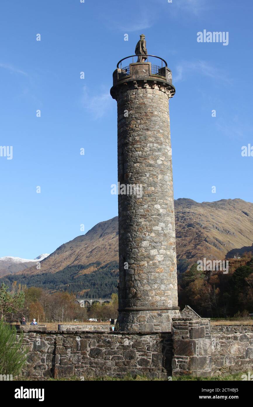 Glenfinnan Monument, Lochaber Scotland  1815, in tribute to the Jacobite clansmen who fought and died in the cause of Prince Charles Edward Stuart. I Stock Photo