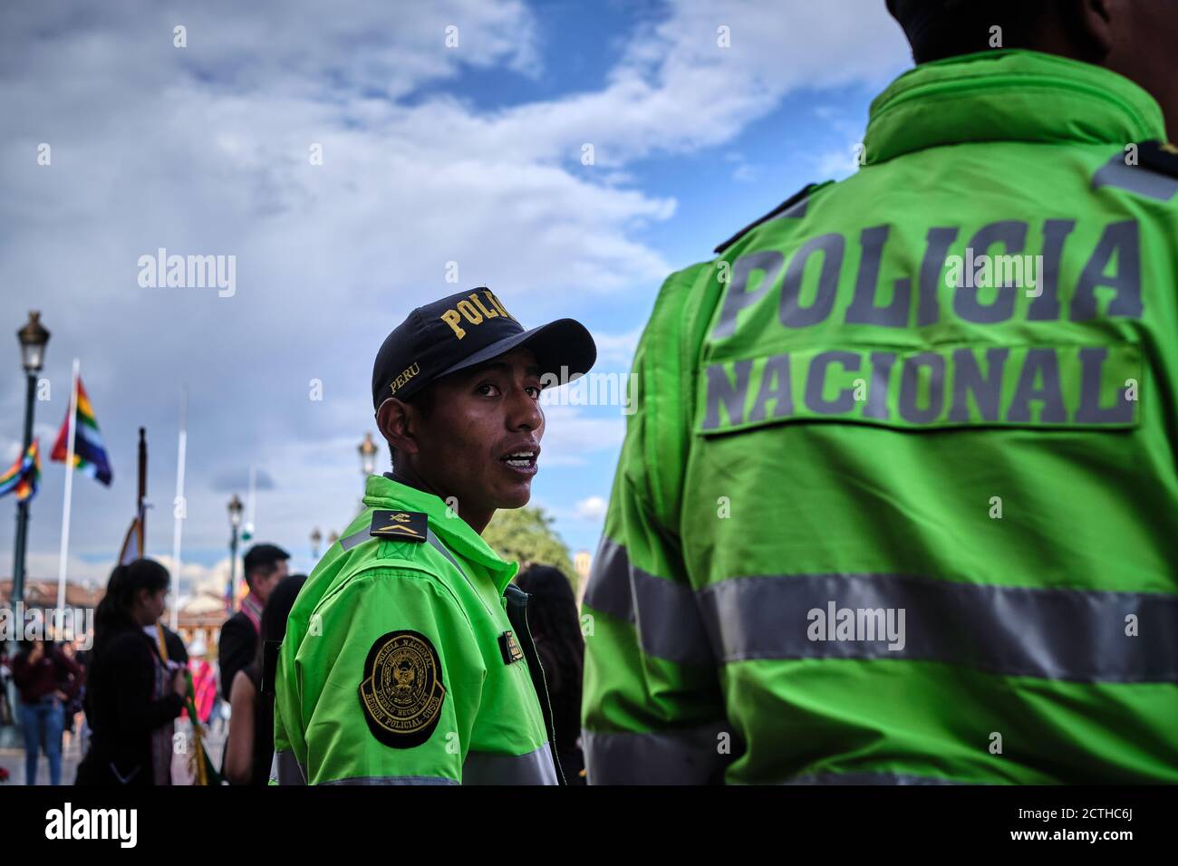 Two male police officers of the Peruvian Policia Nacional patrolling during the Inti Raymi'rata sun festival over the winter solstice, Cusco, Peru Stock Photo