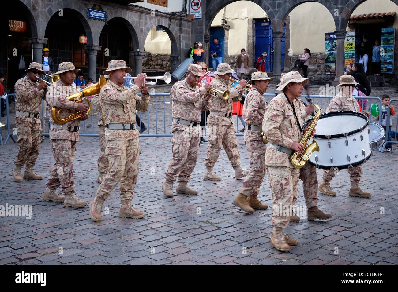 An all-male Peruvian army band play a variety of instruments in a parade during the Inti Raymi'rata sun festival over the winter solstice, Cusco, Peru Stock Photo