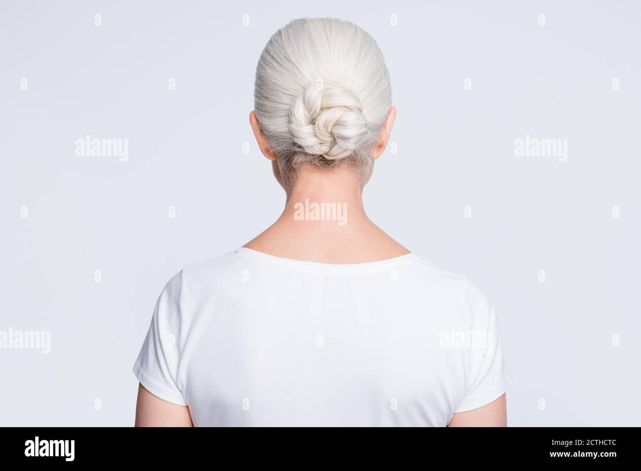 Back rear photo of old lady standing backside wearing t-shirt isolated ...
