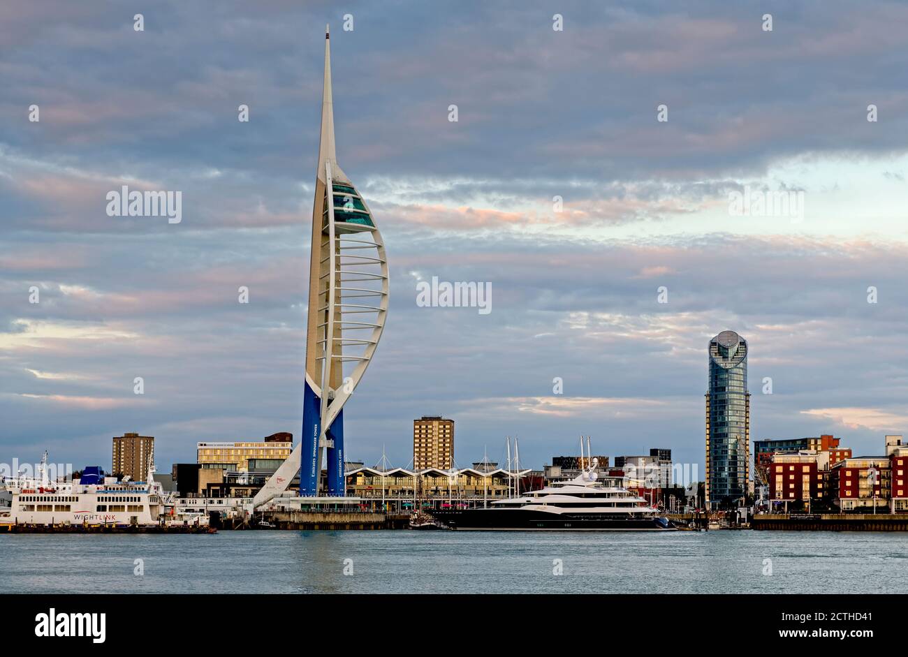 View of Portsmouth waterfront, Gunwarf Quays and Spinnaker Tower from Gosport Stock Photo