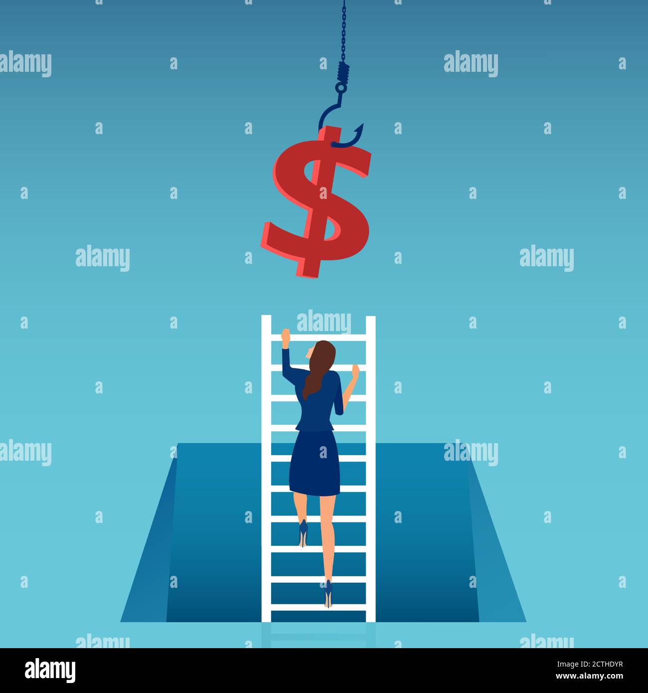 Vector of a business woman climbing up a ladder to reach money hanging on a hook Stock Vector