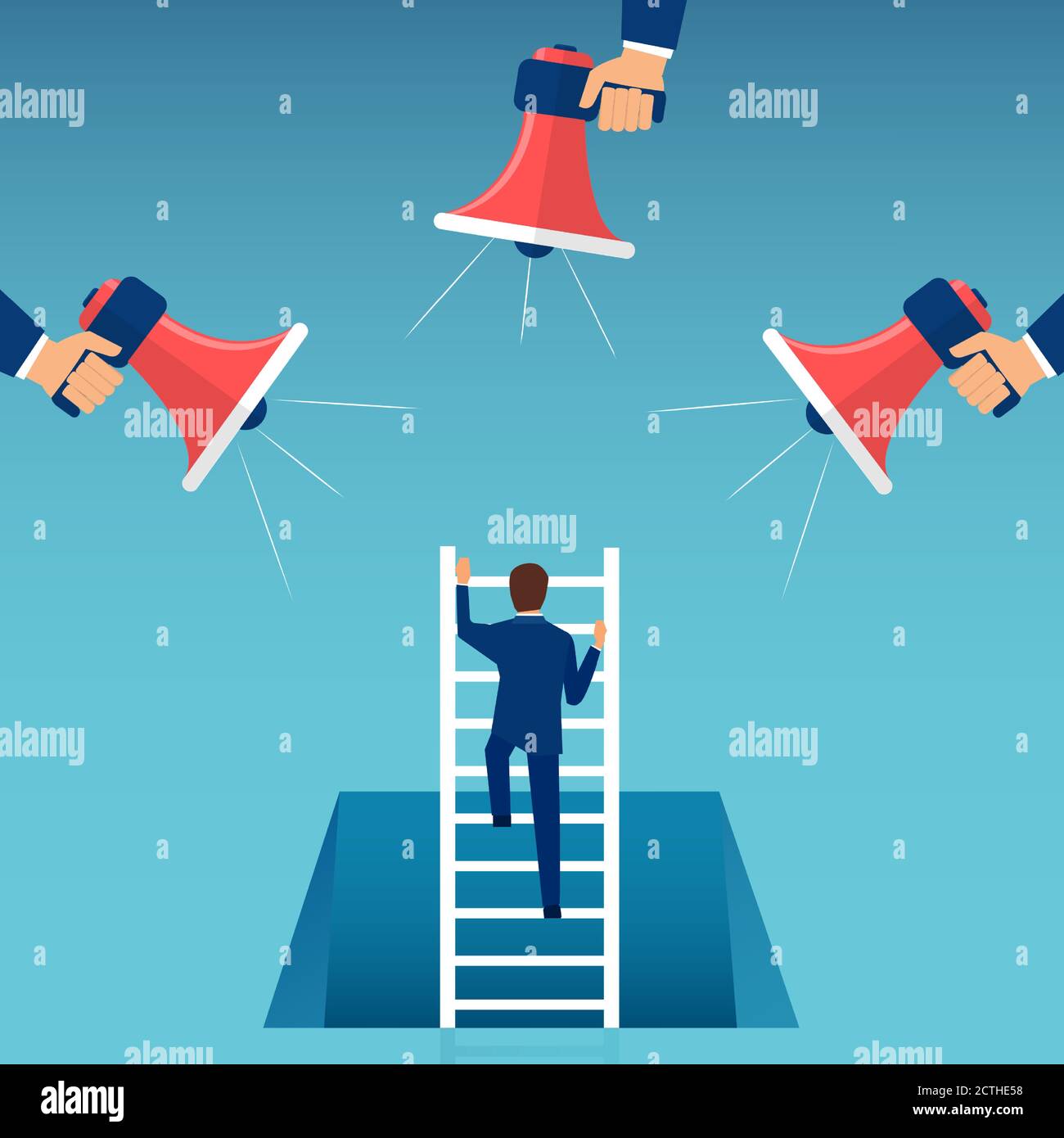 Vector of a business man climbing up stairs being motivated by managers making announcement in megaphone Stock Vector