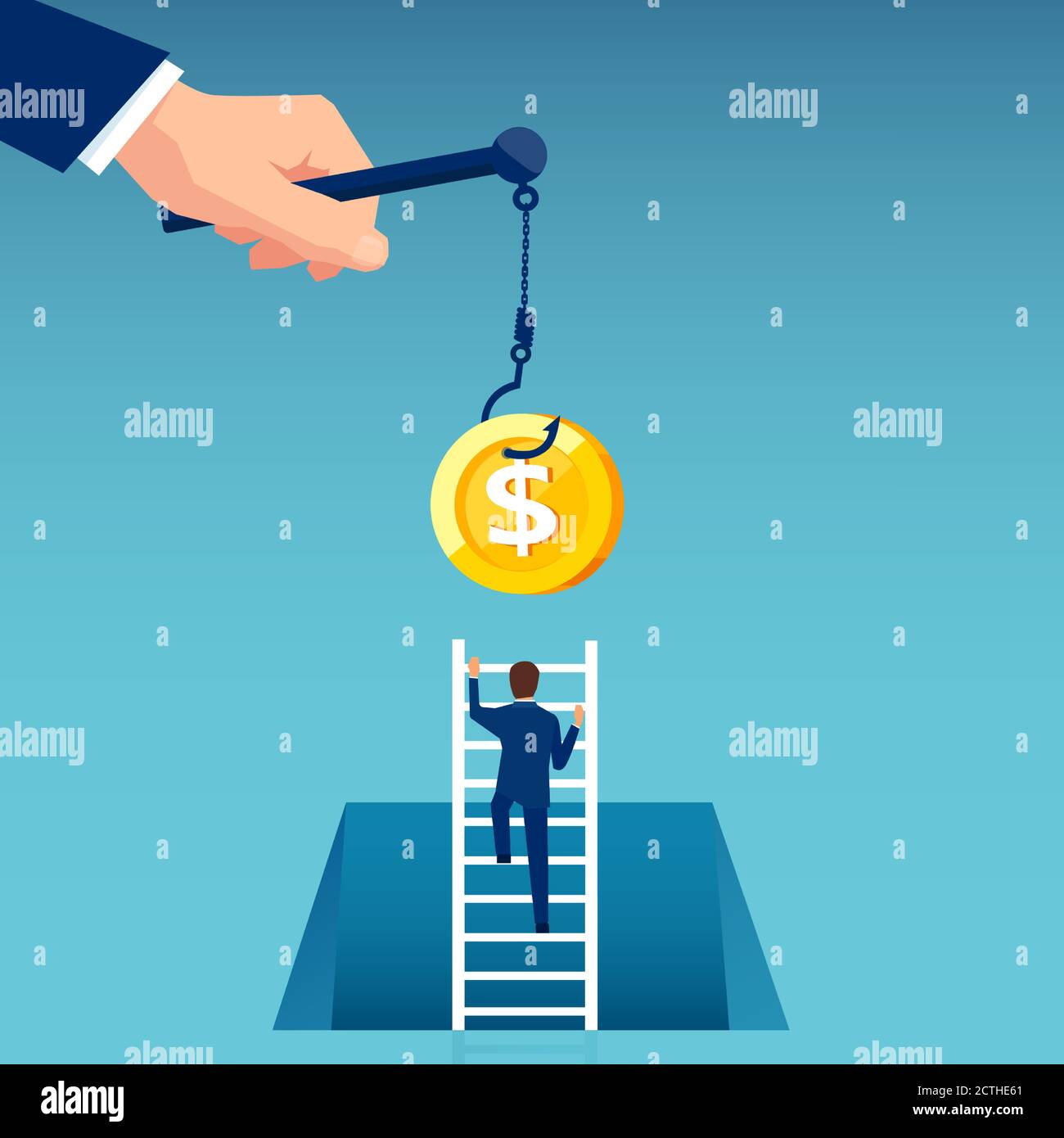 Vector of a business man climbing up a ladder to reach money hanging on a hook Stock Vector