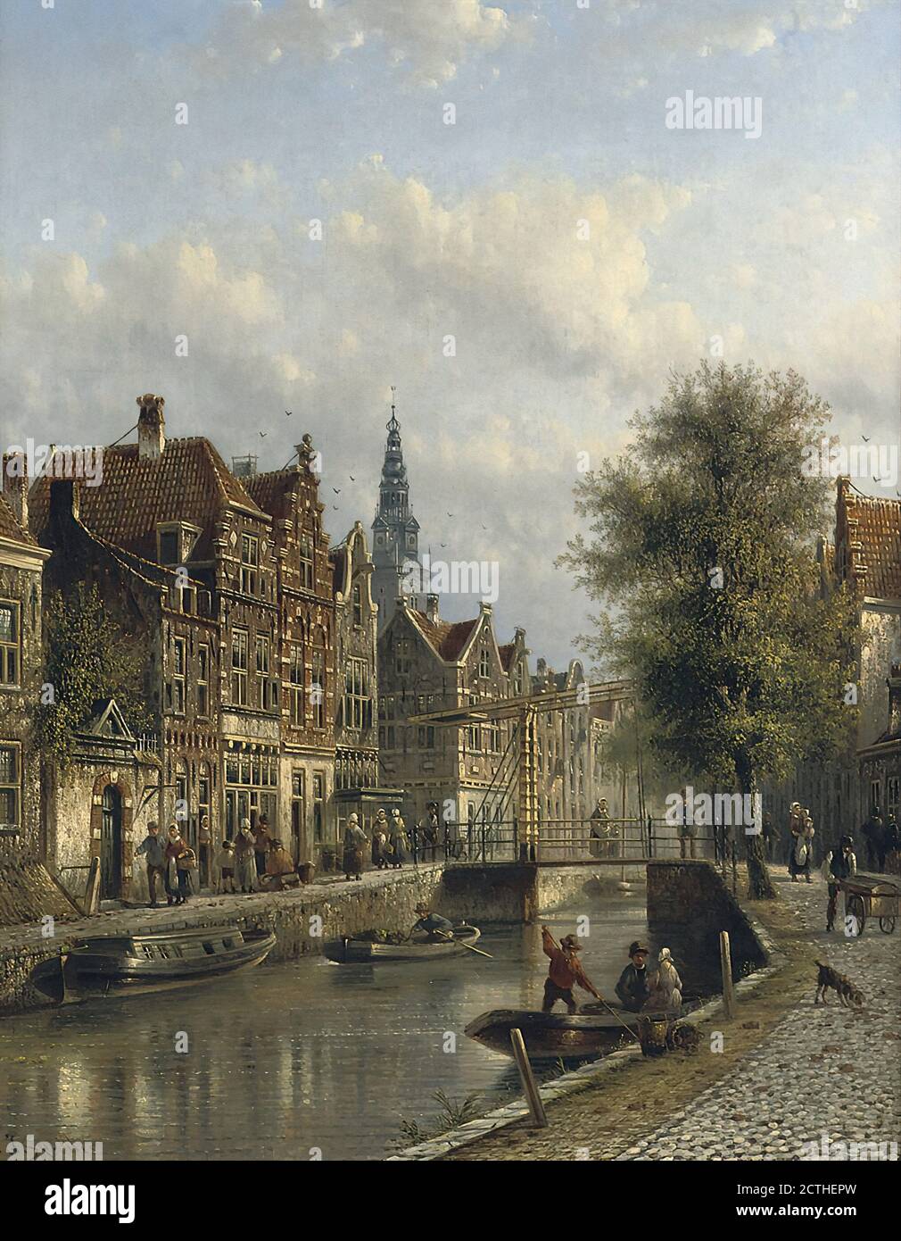 Spohler Johannes Franciscus - Townsfolk on a Quay in Amsterdam with the Oude Kerk Beyond - Dutch School - 19th  Century Stock Photo