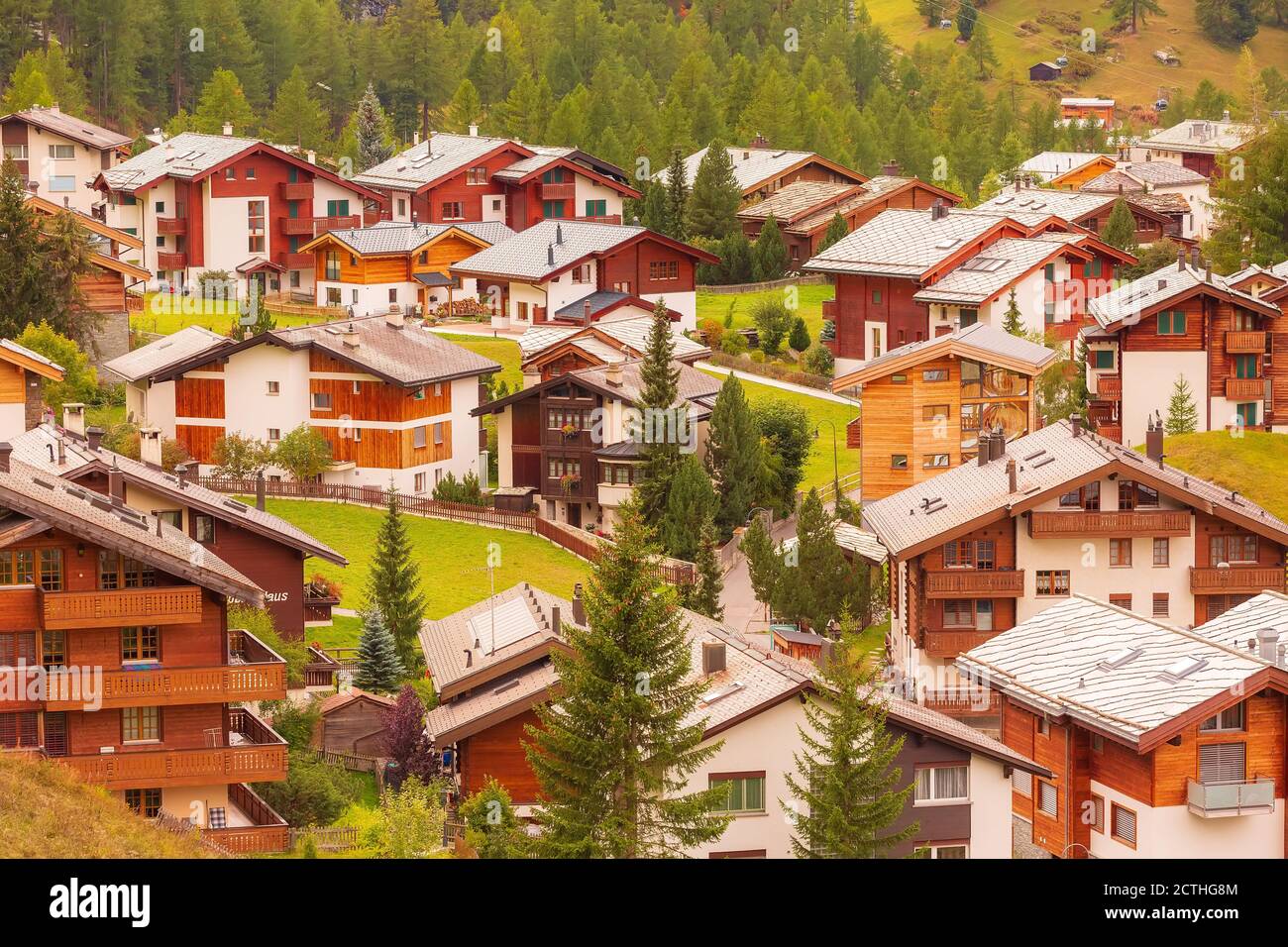 Zermatt, Switzerland town aerial view in famous swiss ski resort ...