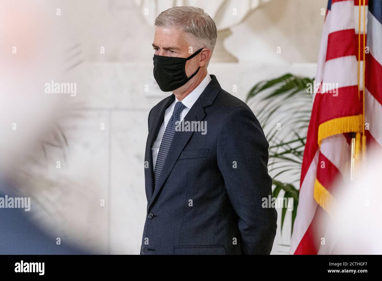 Washington, United States. 23rd Sep, 2020. Justice Neil Gorsuch stands during a private ceremony for Justice Ruth Bader Ginsburg at the Supreme Court in Washington, DC on Wednesday, September 23, 2020. Ginsburg, 87, died of cancer on September 18. Pool Photo by Andrew Harnik/UPI Credit: UPI/Alamy Live News Stock Photo