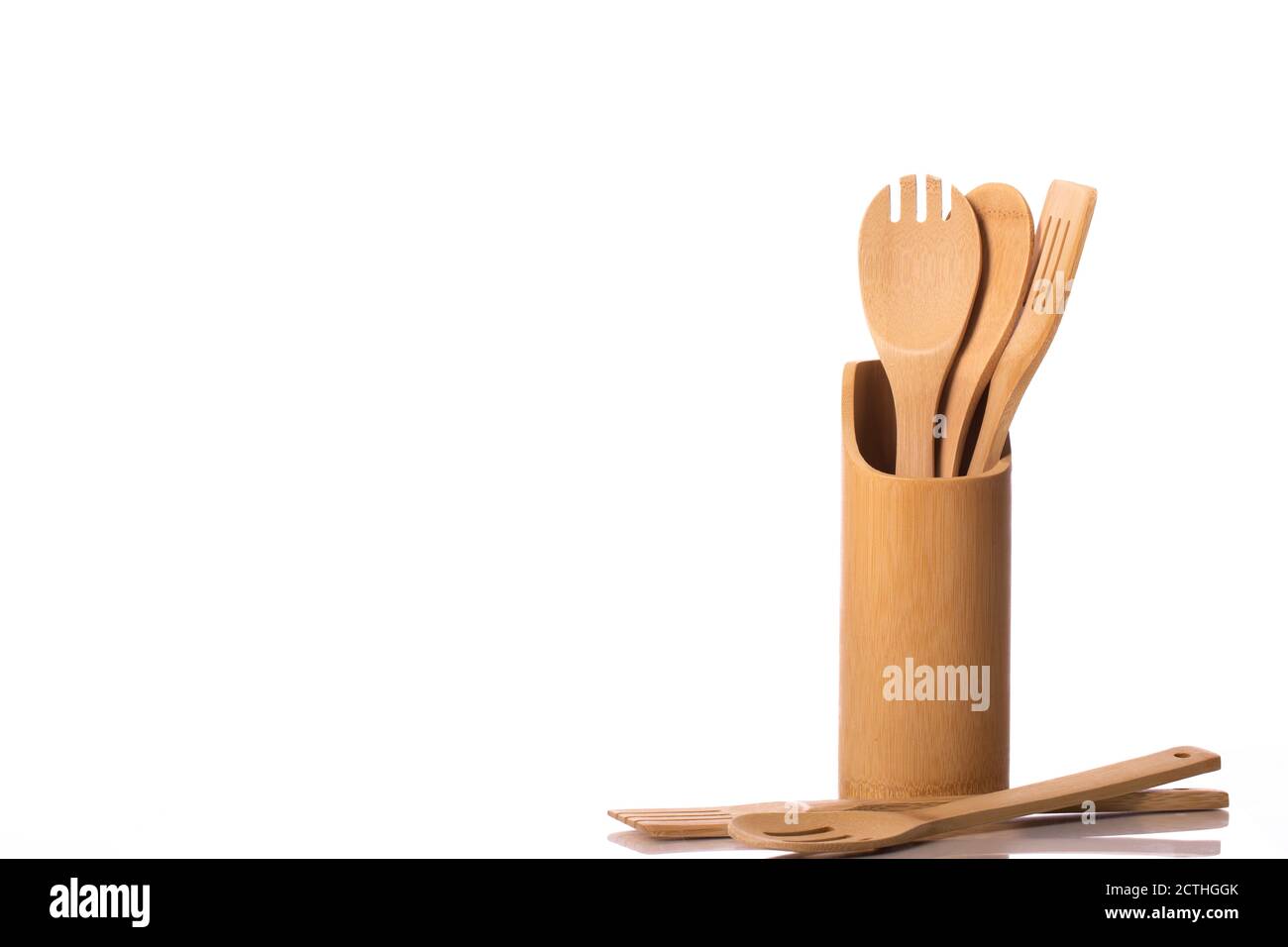 Kitchen wooden utensils set isolated on white background. Copy text ...