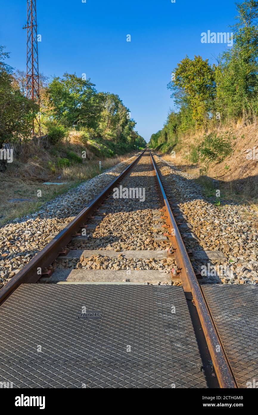 Level crossing on single track railway line in the Haute-Vienne (87), France. Stock Photo