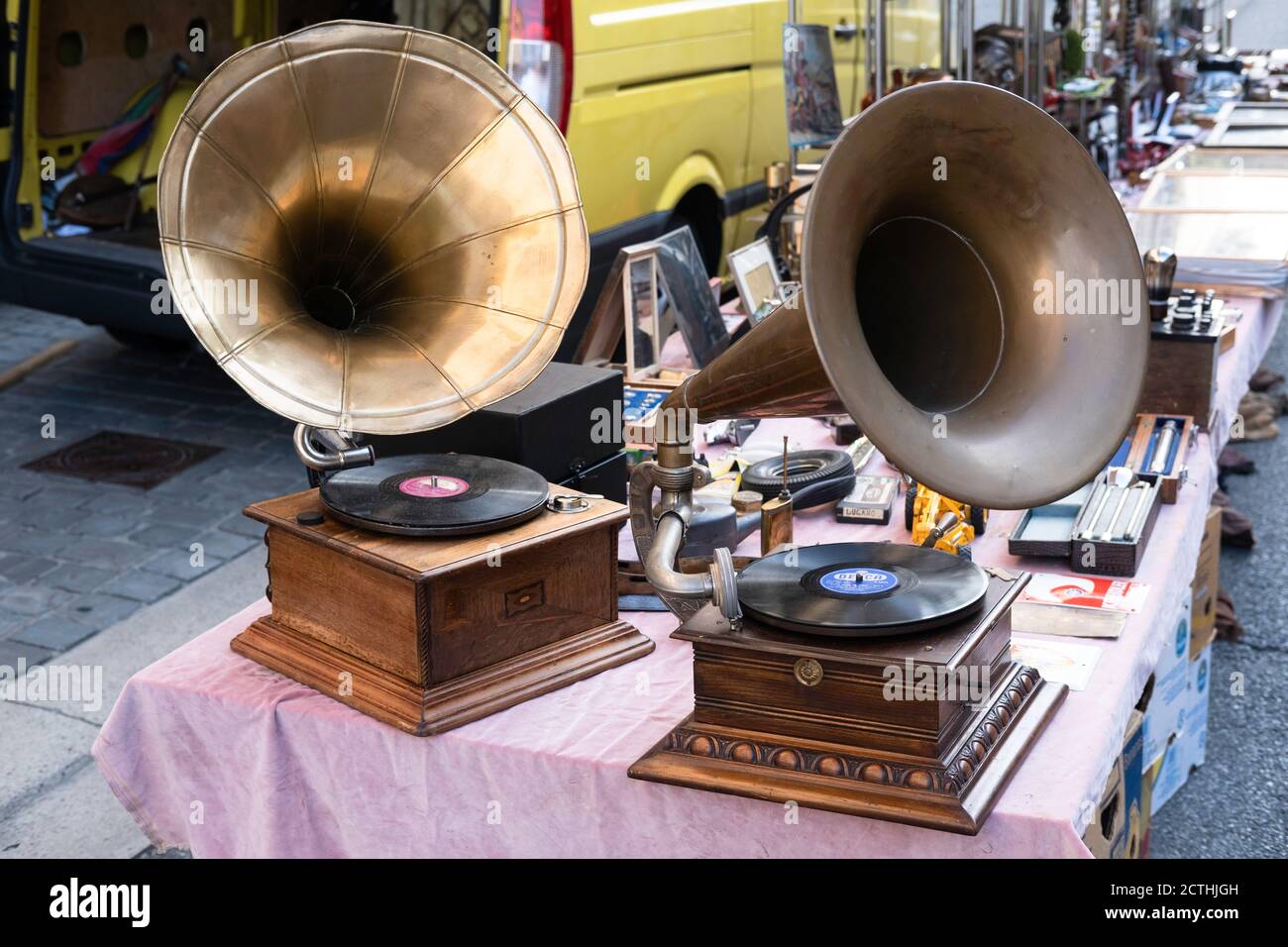 Two retro old gramophones (phonograph) for sale on a booth on the streets of Tongeren in Belgium, a famous large antique market Stock Photo