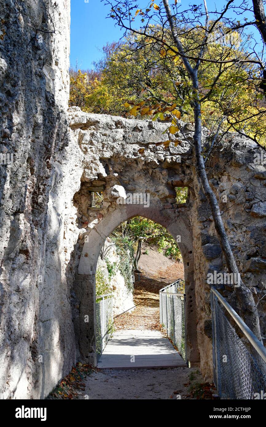 Austria, gate with bridge of ruin Johannstein in natural preserve Sparbach Stock Photo