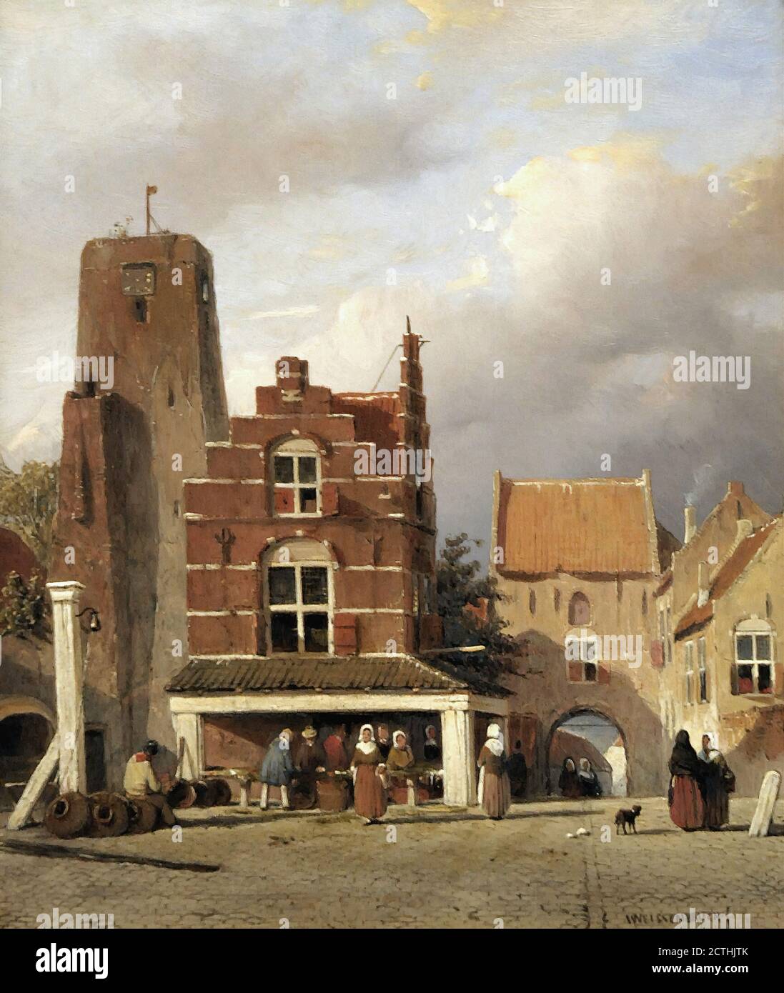 Weissenbruch Jan - Figuren Bij De Visbanken Op De Markt Van Woudrichem Met De Hoftoren - Dutch School - 19th  Century Stock Photo