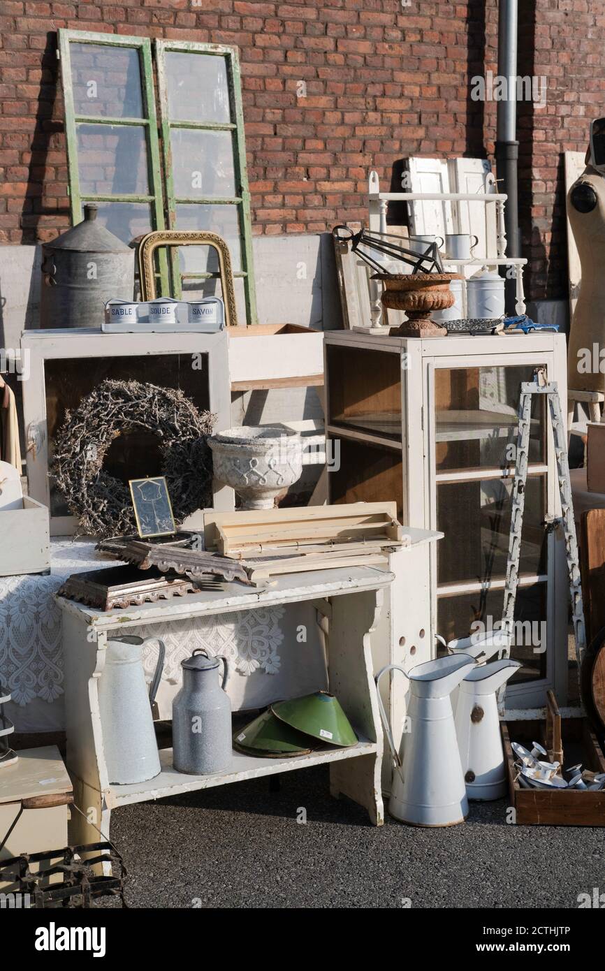 Still life of all kinds of objects  for sale on an antique market in Tongeren, Belgium Stock Photo