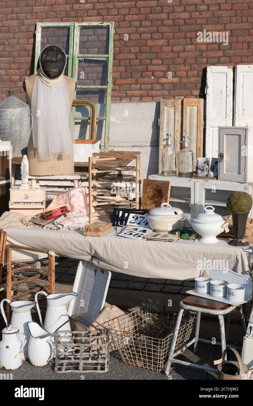 Still life of all kinds of objects  for sale on an antique market in Tongeren, Belgium Stock Photo