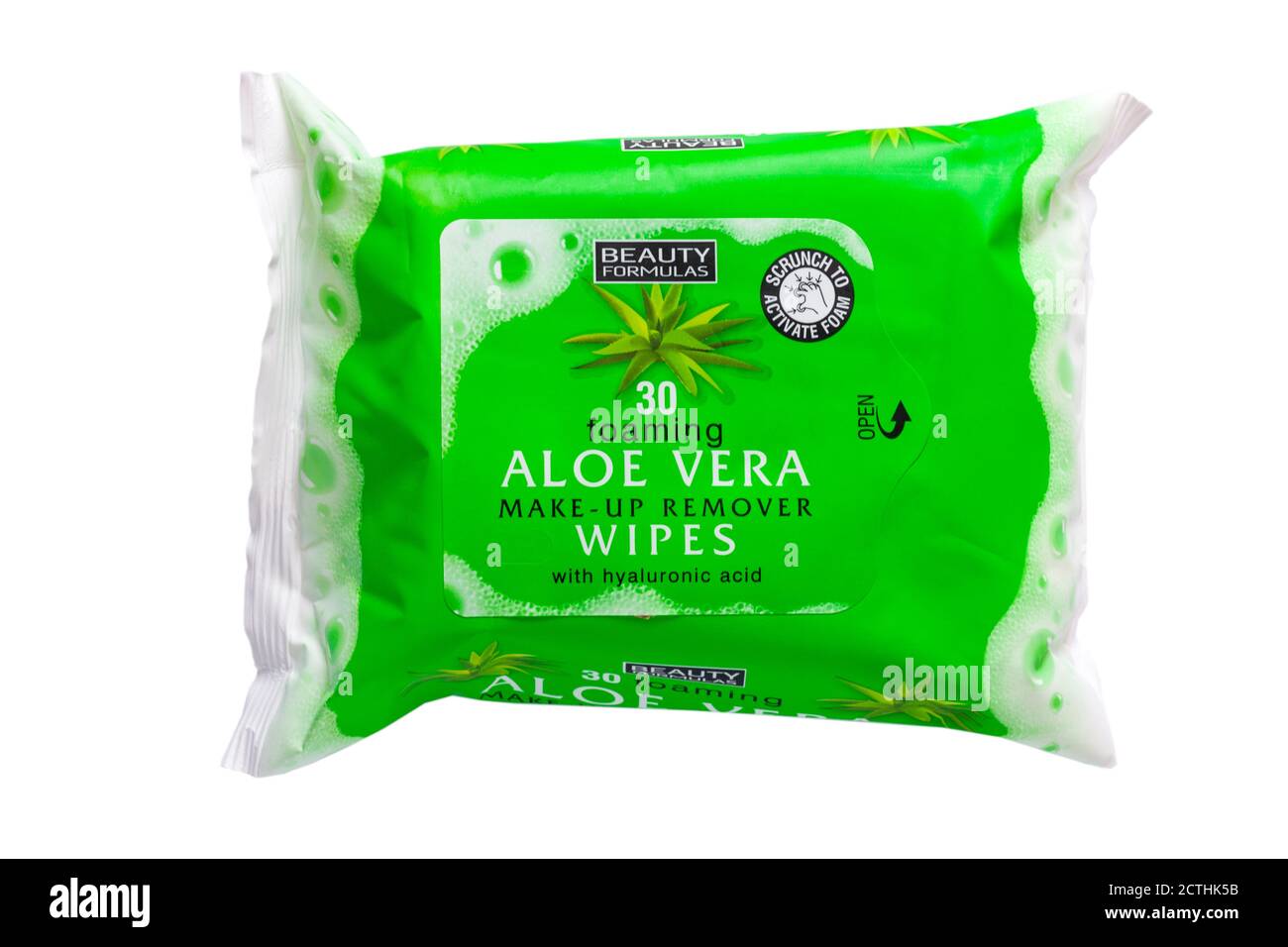 Packet of beauty formulas foaming Aloe Vera make-up remover wipes with hyaluronic acid isolated on white background - scrunch to activate foam Stock Photo