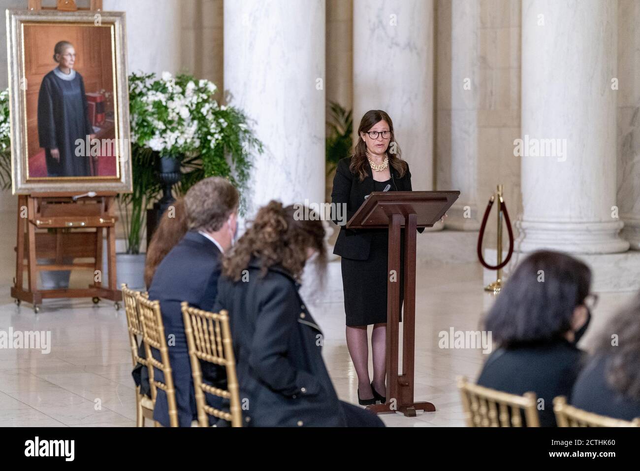 Washington, United States. 23rd Sep, 2020. Rabbi Lauren Holtzblatt speaks during a private ceremony for Justice Ruth Bader Ginsburg at the Supreme Court in Washington, DC on Wednesday, September 23, 2020. Ginsburg, 87, died of cancer on September 18. Pool Photo by Andrew Harnik/UPI Credit: UPI/Alamy Live News Stock Photo